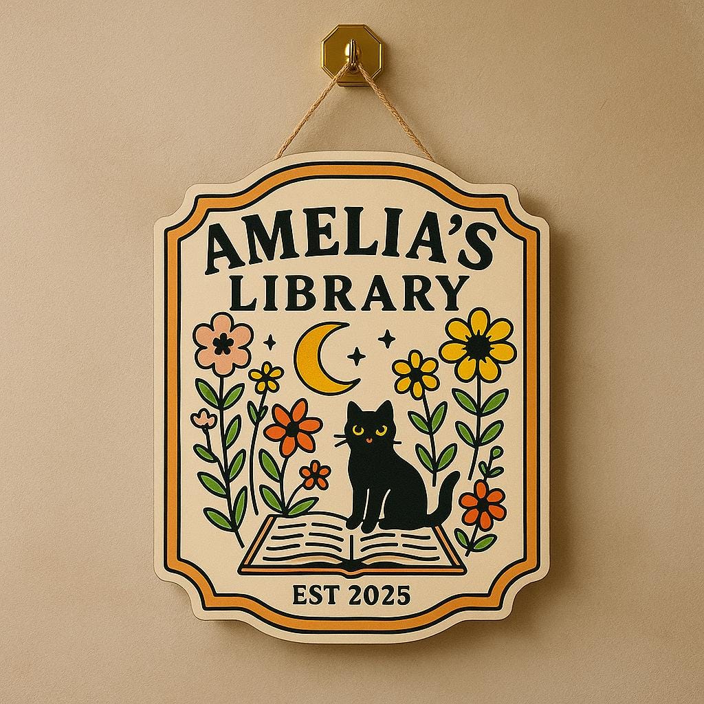 Custom Library Door Sign – Personalized Black Cat Floral Book Plaque – Cute Name Sign for Book Nook, Home Library, or Reading Room