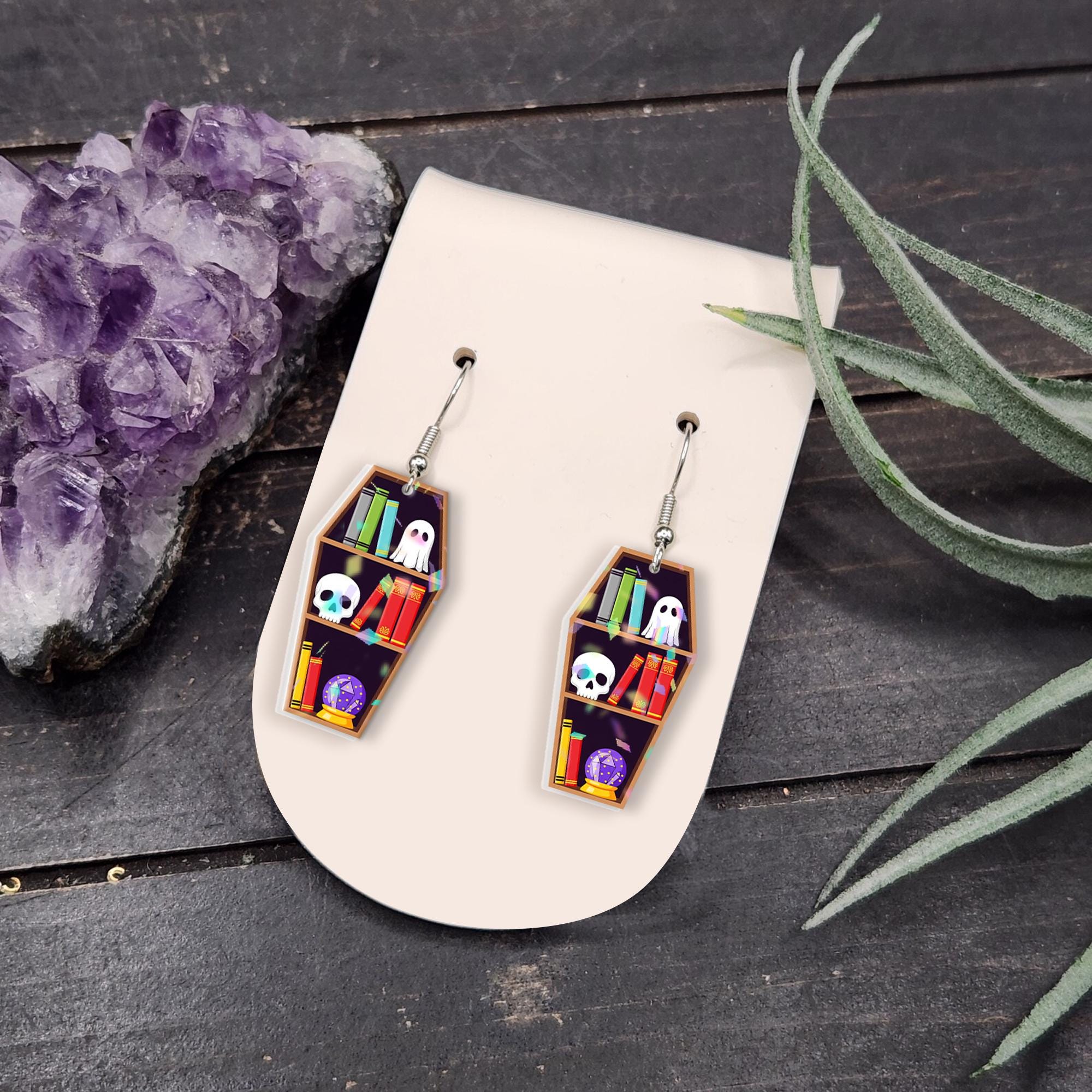 Coffin Bookshelf Halloween Earrings – Spooky Cute Ghost Skull Book Lover Dangle Jewelry – Witchy Goth Librarian Gift, Creepy Cute jewelry