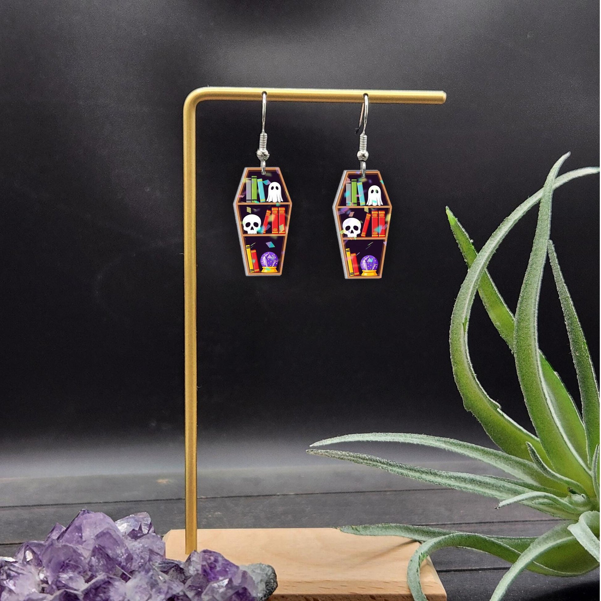 Coffin Bookshelf Halloween Earrings – Spooky Cute Ghost Skull Book Lover Dangle Jewelry – Witchy Goth Librarian Gift, Creepy Cute jewelry