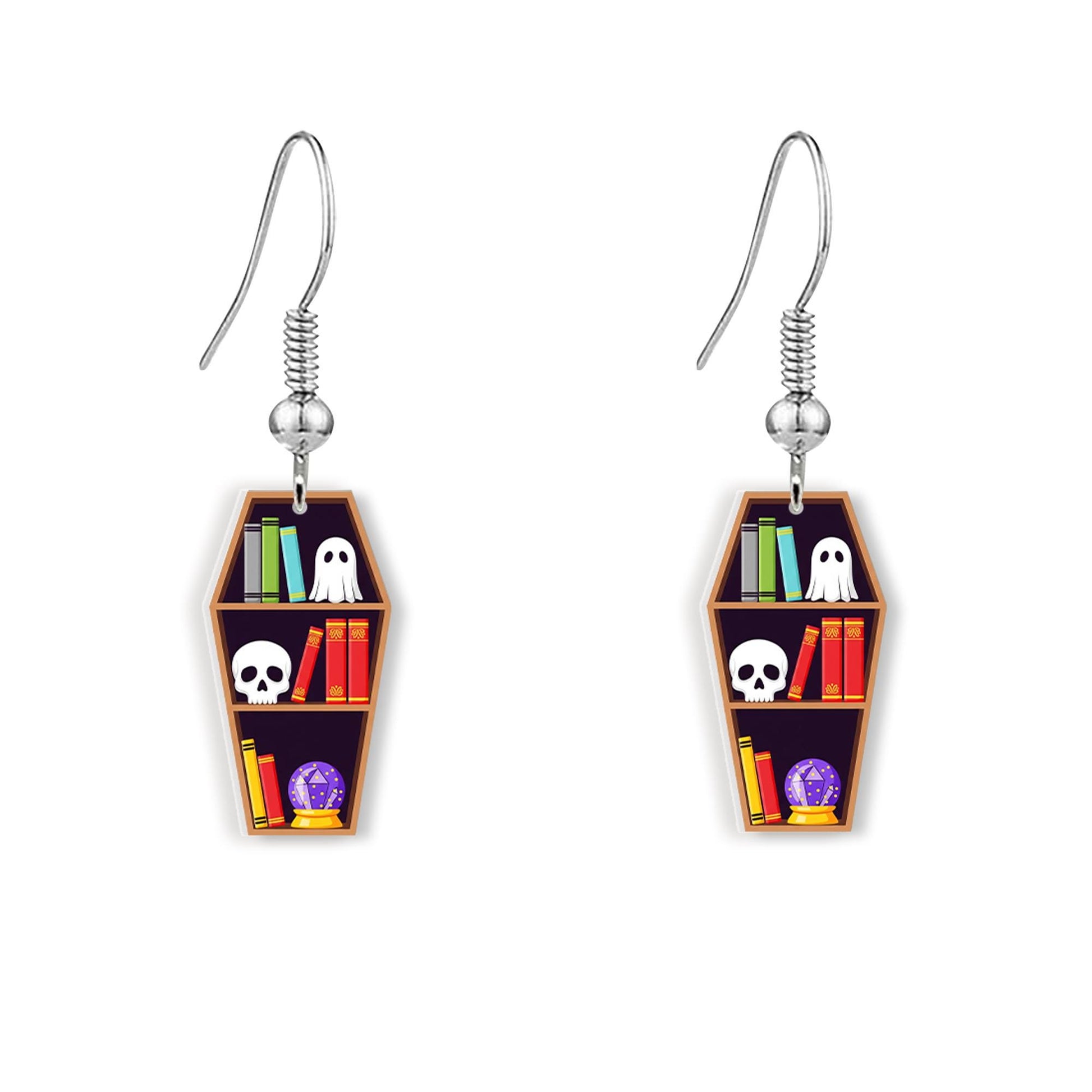 Coffin Bookshelf Halloween Earrings – Spooky Cute Ghost Skull Book Lover Dangle Jewelry – Witchy Goth Librarian Gift, Creepy Cute jewelry