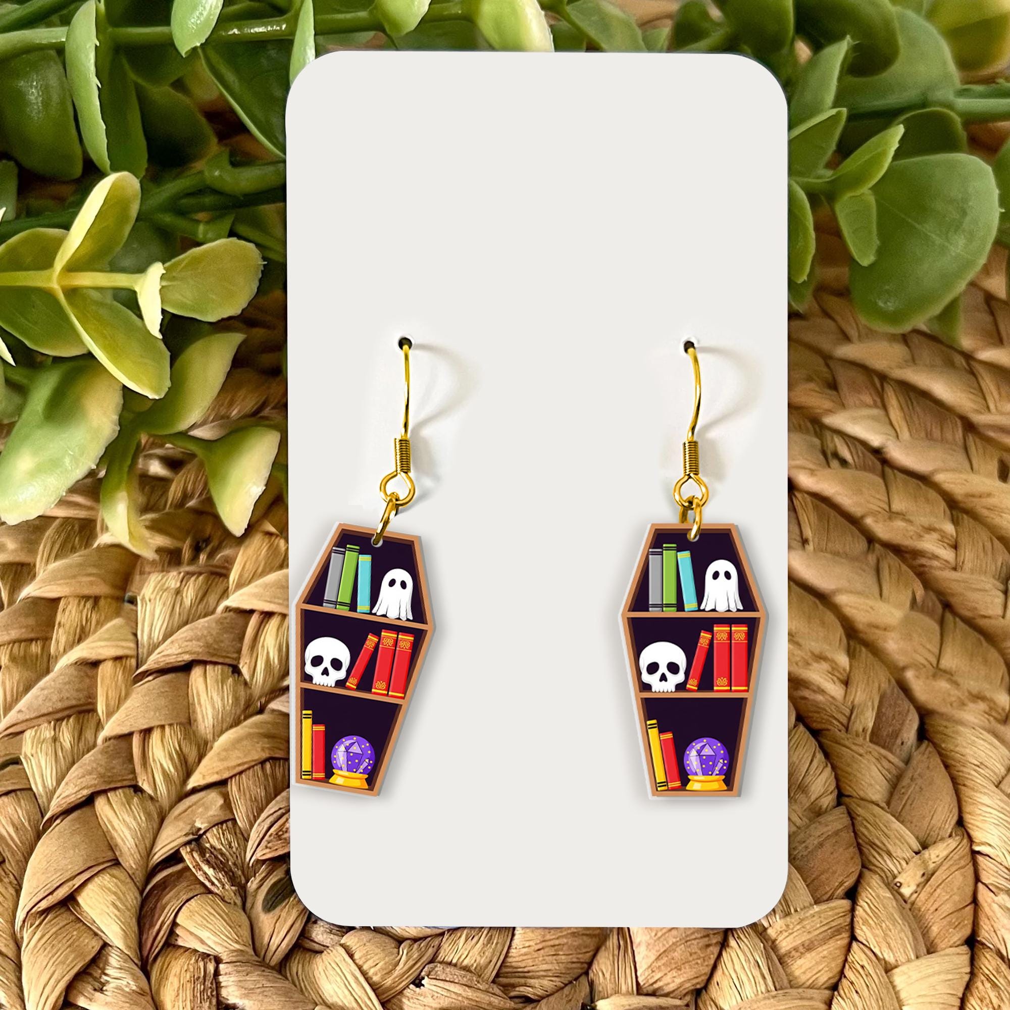 Coffin Bookshelf Halloween Earrings – Spooky Cute Ghost Skull Book Lover Dangle Jewelry – Witchy Goth Librarian Gift, Creepy Cute jewelry