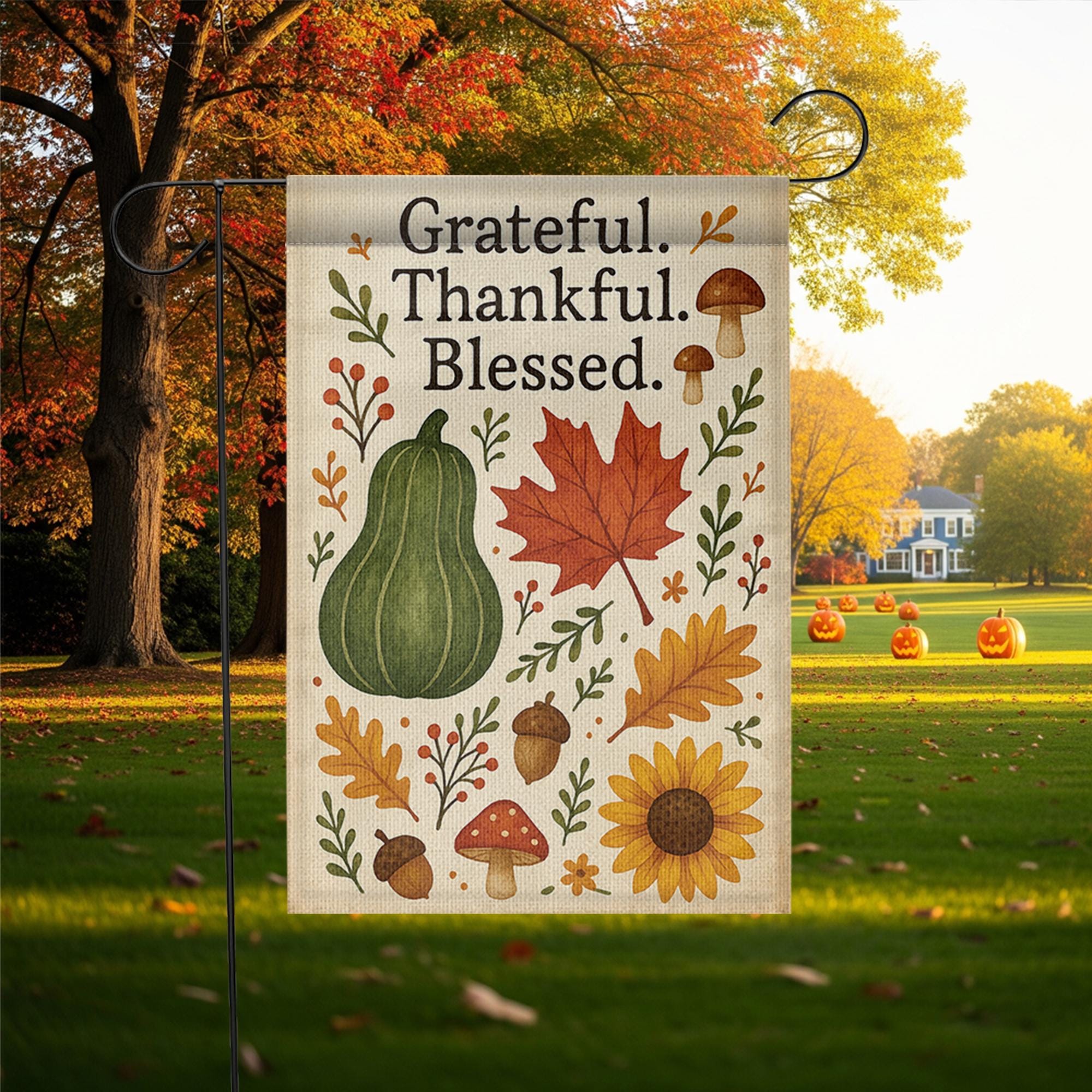 Grateful Thankful Blessed Garden Flag, Fall Yard Decor, Autumn Outdoor Sign, Thanksgiving Porch Flag, Rustic Seasonal Banner