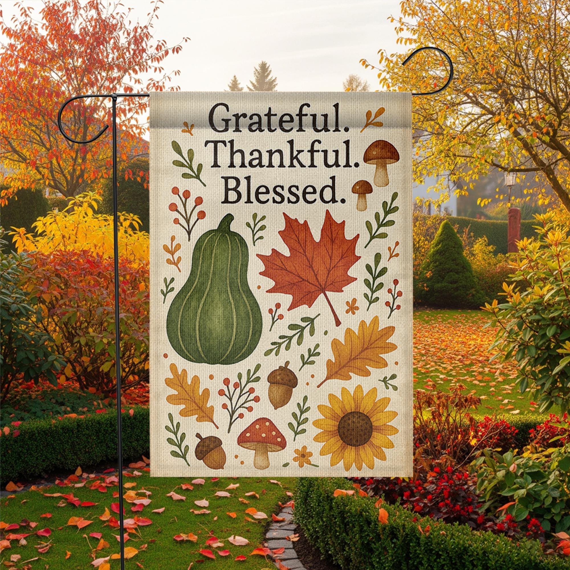 Grateful Thankful Blessed Garden Flag, Fall Yard Decor, Autumn Outdoor Sign, Thanksgiving Porch Flag, Rustic Seasonal Banner