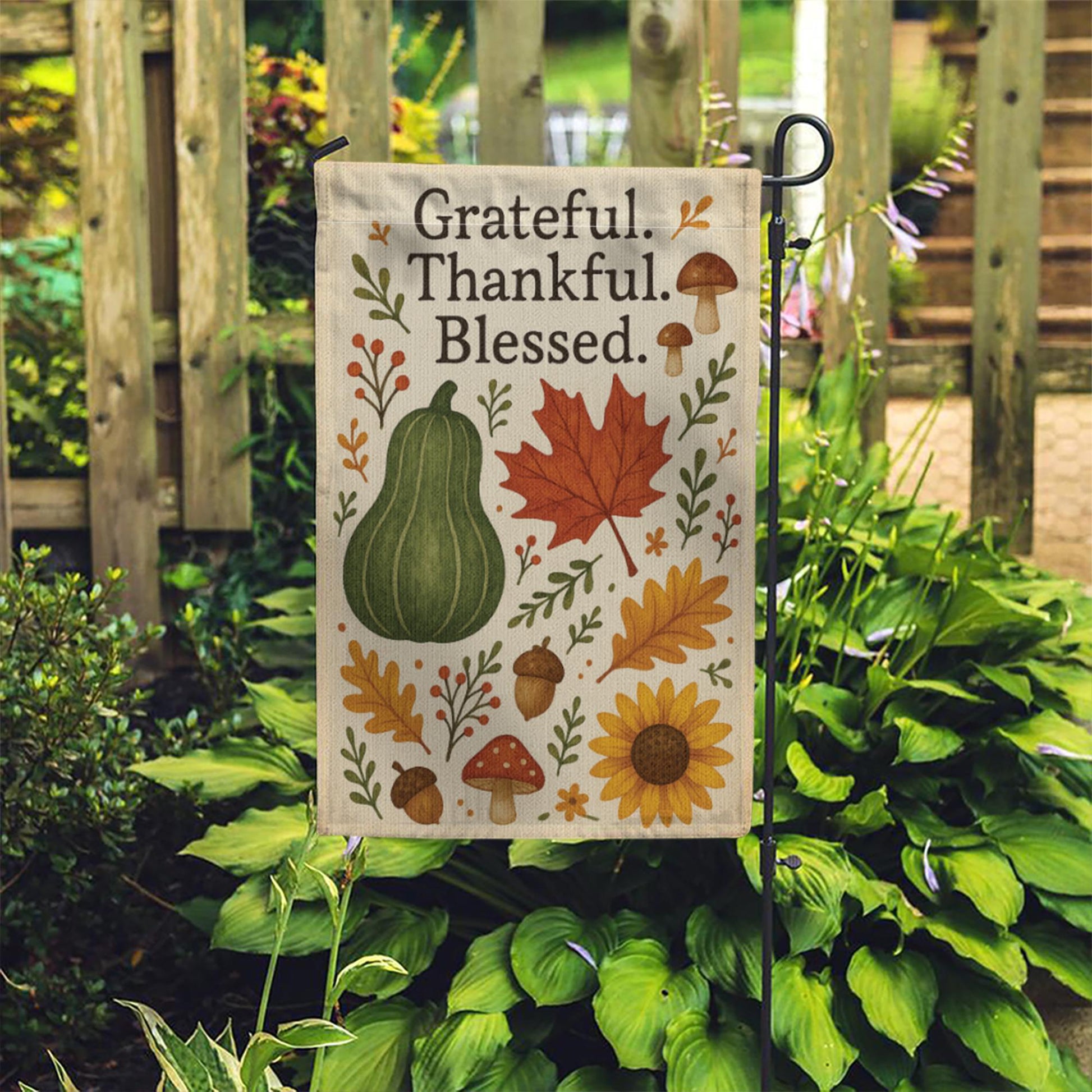 Grateful Thankful Blessed Garden Flag, Fall Yard Decor, Autumn Outdoor Sign, Thanksgiving Porch Flag, Rustic Seasonal Banner