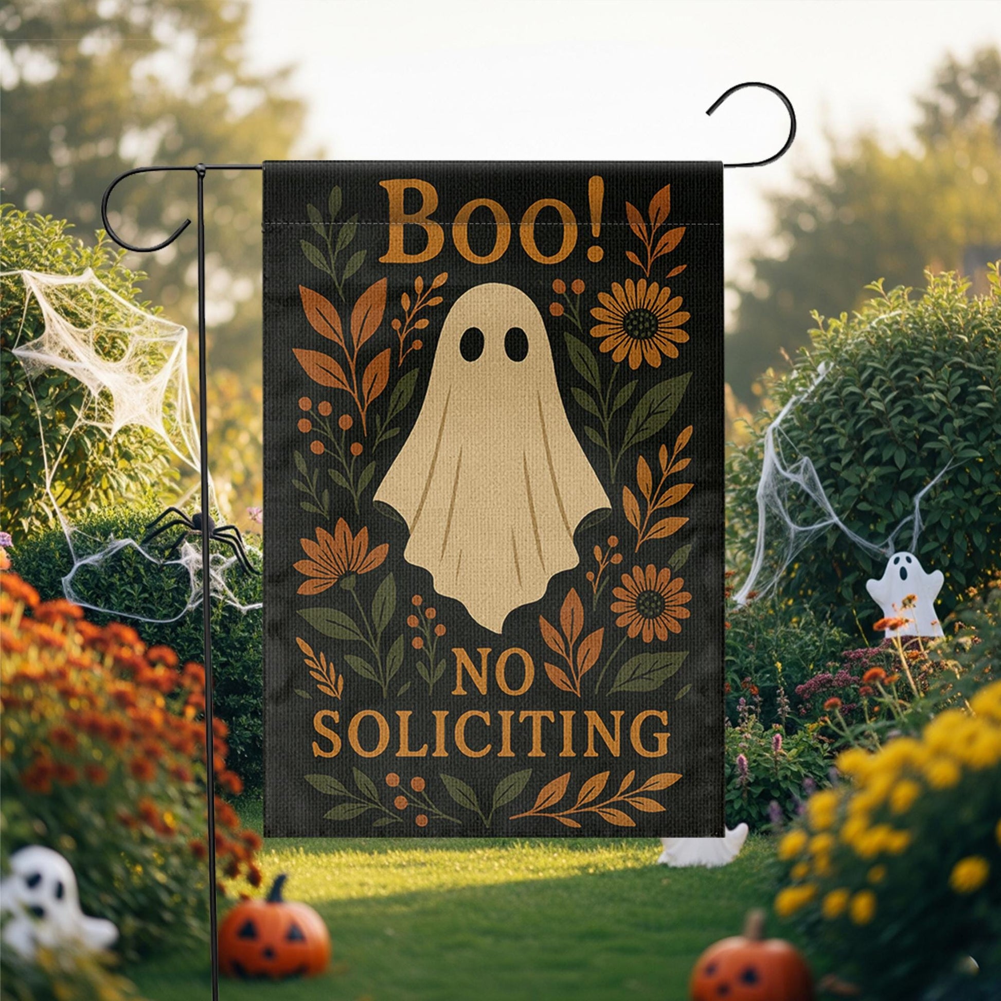 Boo Ghost No Soliciting Garden Flag, Halloween Floral Yard Decor, Rustic Spooky Porch Sign, Fall Outdoor Banner, Autumn Ghost Flag