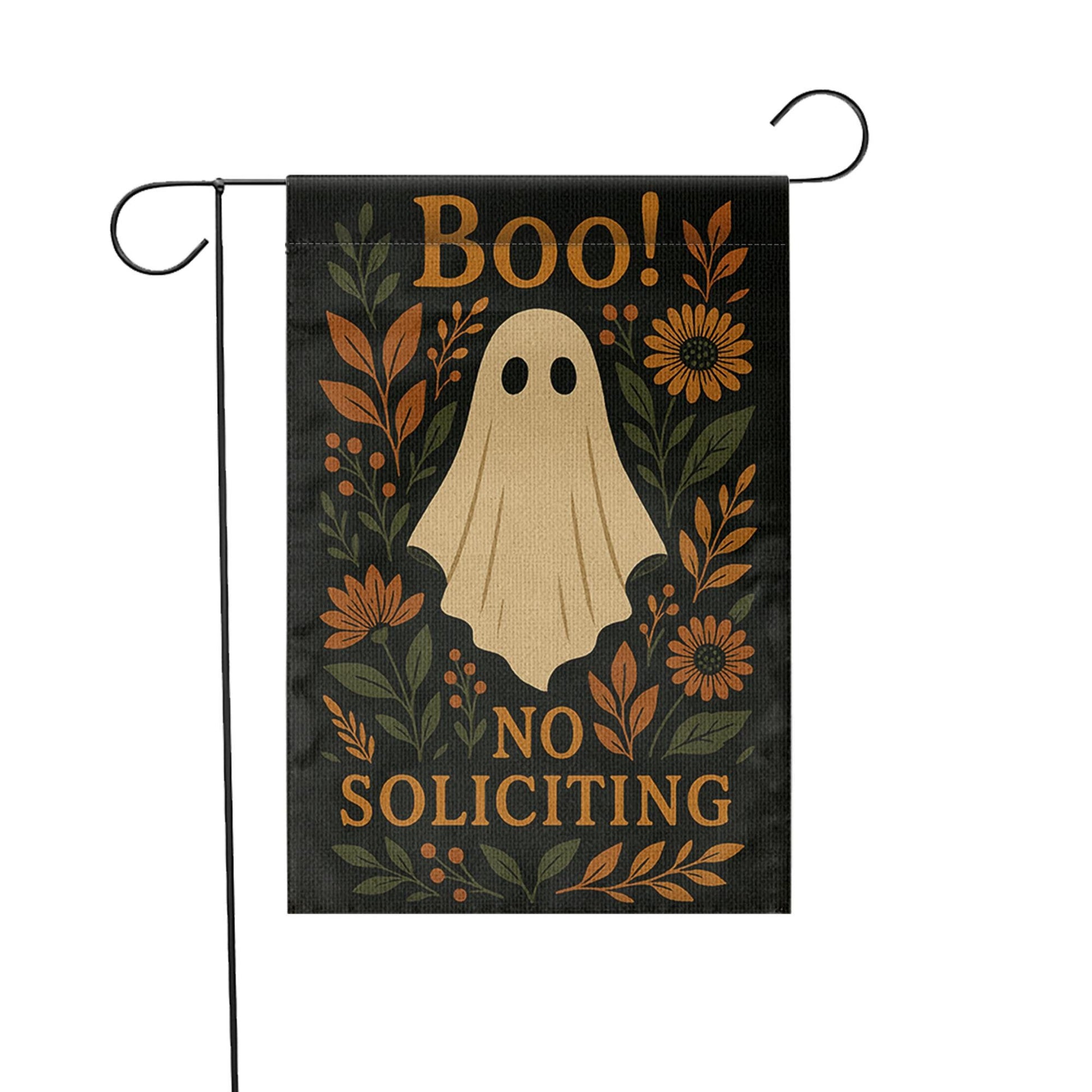 Boo Ghost No Soliciting Garden Flag, Halloween Floral Yard Decor, Rustic Spooky Porch Sign, Fall Outdoor Banner, Autumn Ghost Flag