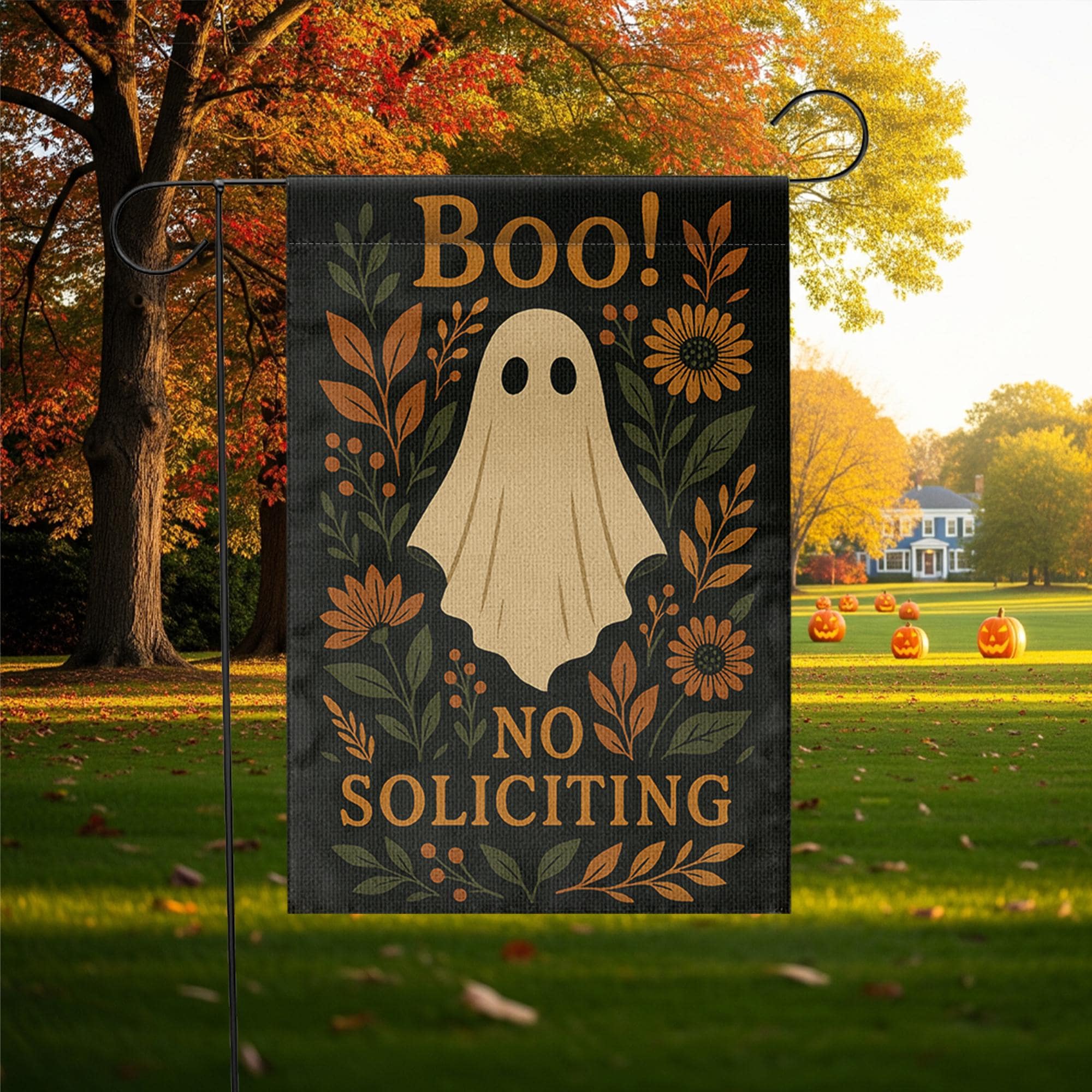 Boo Ghost No Soliciting Garden Flag, Halloween Floral Yard Decor, Rustic Spooky Porch Sign, Fall Outdoor Banner, Autumn Ghost Flag