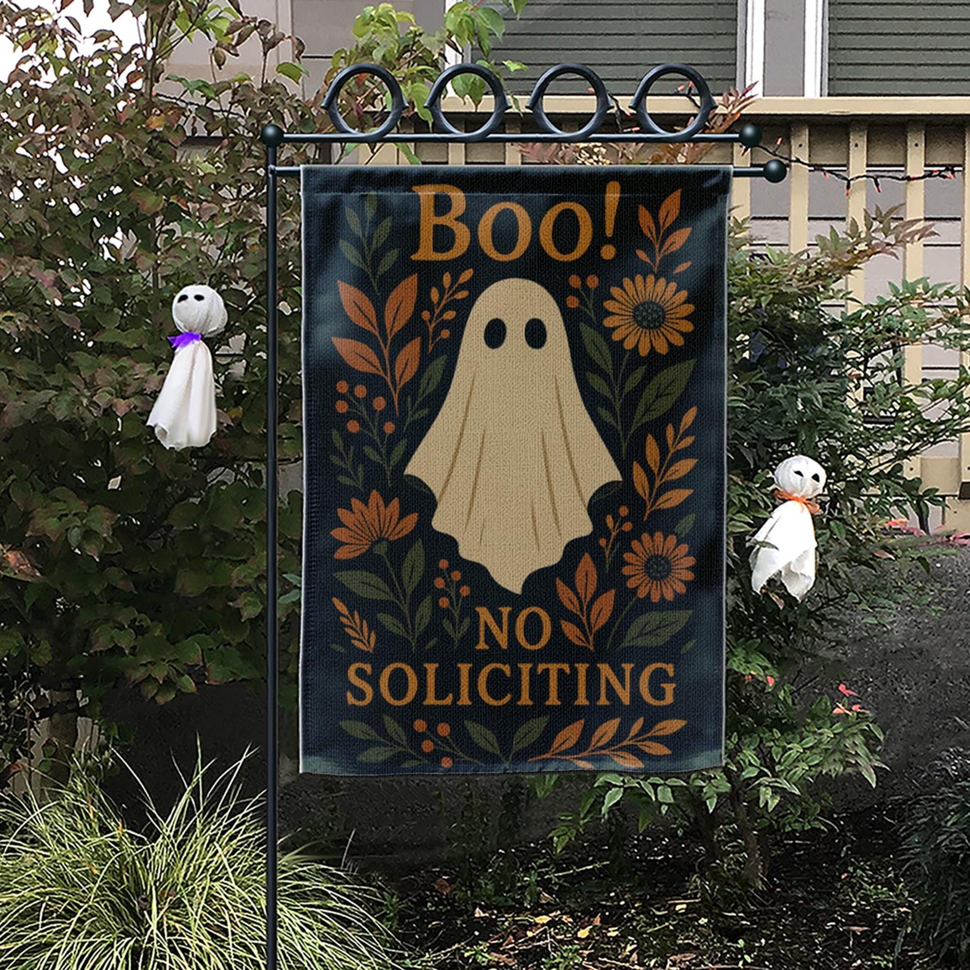 Boo Ghost No Soliciting Garden Flag, Halloween Floral Yard Decor, Rustic Spooky Porch Sign, Fall Outdoor Banner, Autumn Ghost Flag