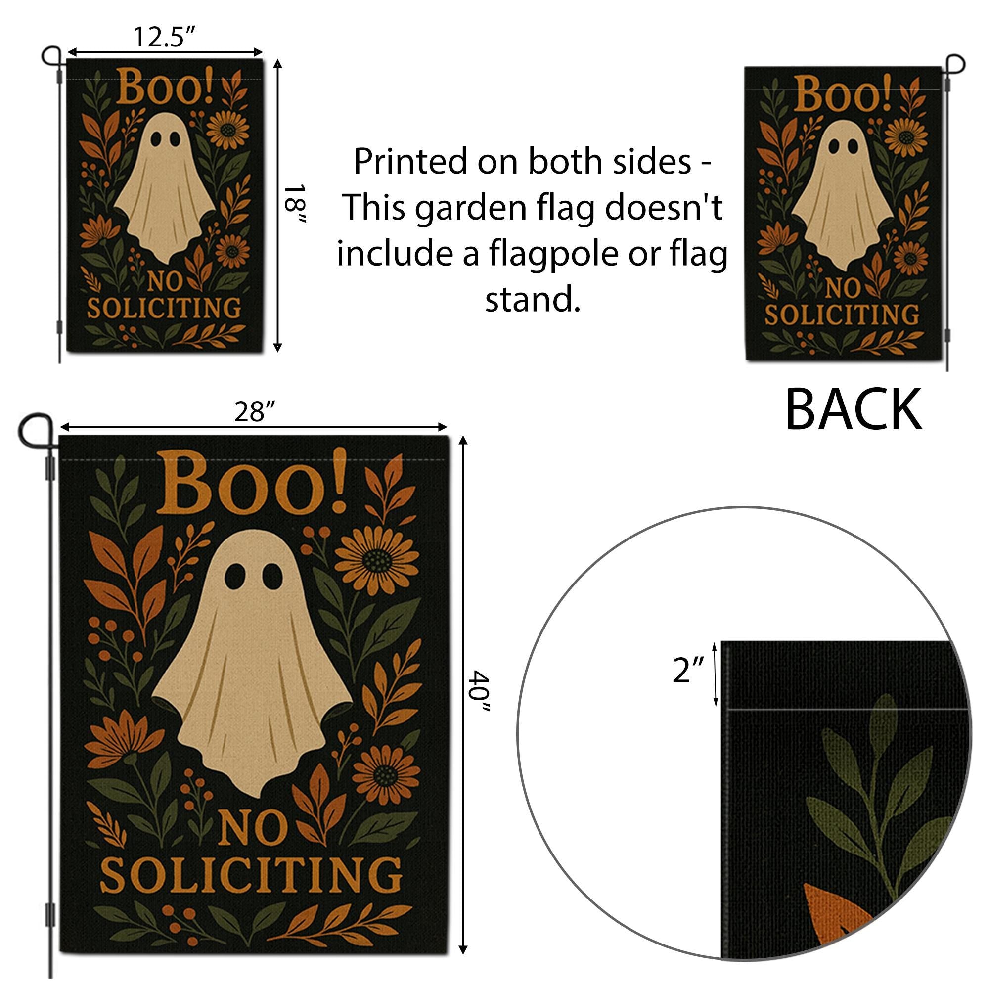 Boo Ghost No Soliciting Garden Flag, Halloween Floral Yard Decor, Rustic Spooky Porch Sign, Fall Outdoor Banner, Autumn Ghost Flag