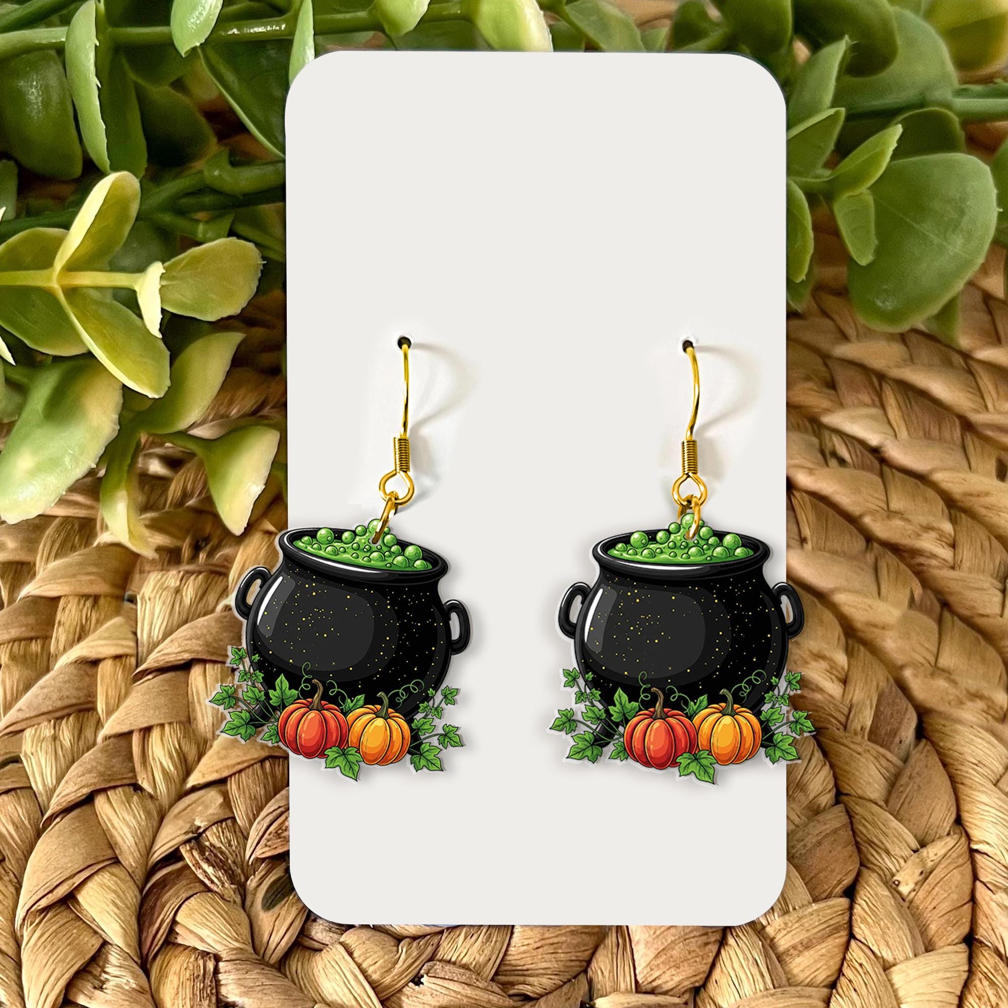 Witch Cauldron Halloween Earrings – Cute Green Potion Dangle Jewelry with Pumpkins – Spooky Fall Accessory for Witchy Vibes, Gothic Earrings