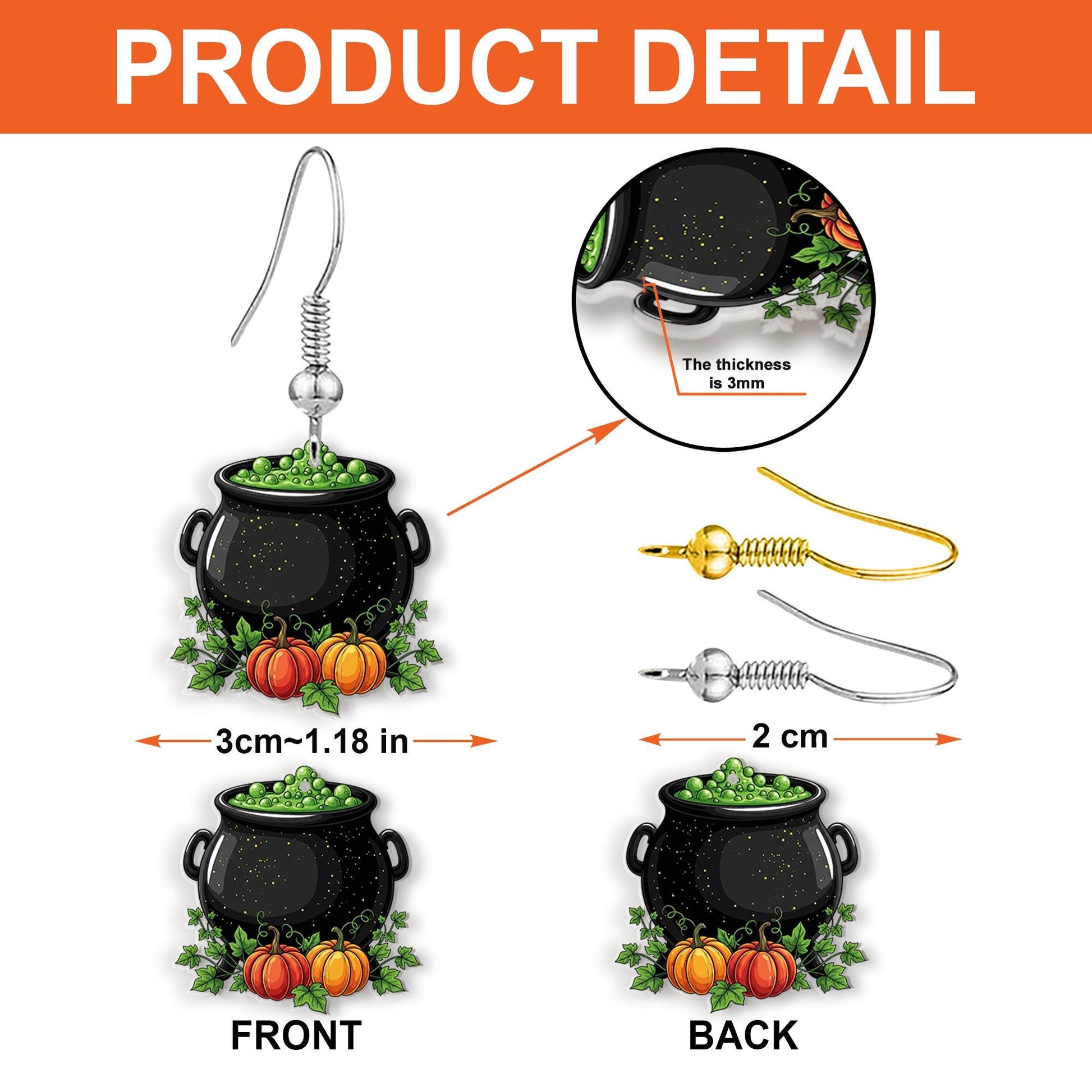 Witch Cauldron Halloween Earrings – Cute Green Potion Dangle Jewelry with Pumpkins – Spooky Fall Accessory for Witchy Vibes, Gothic Earrings