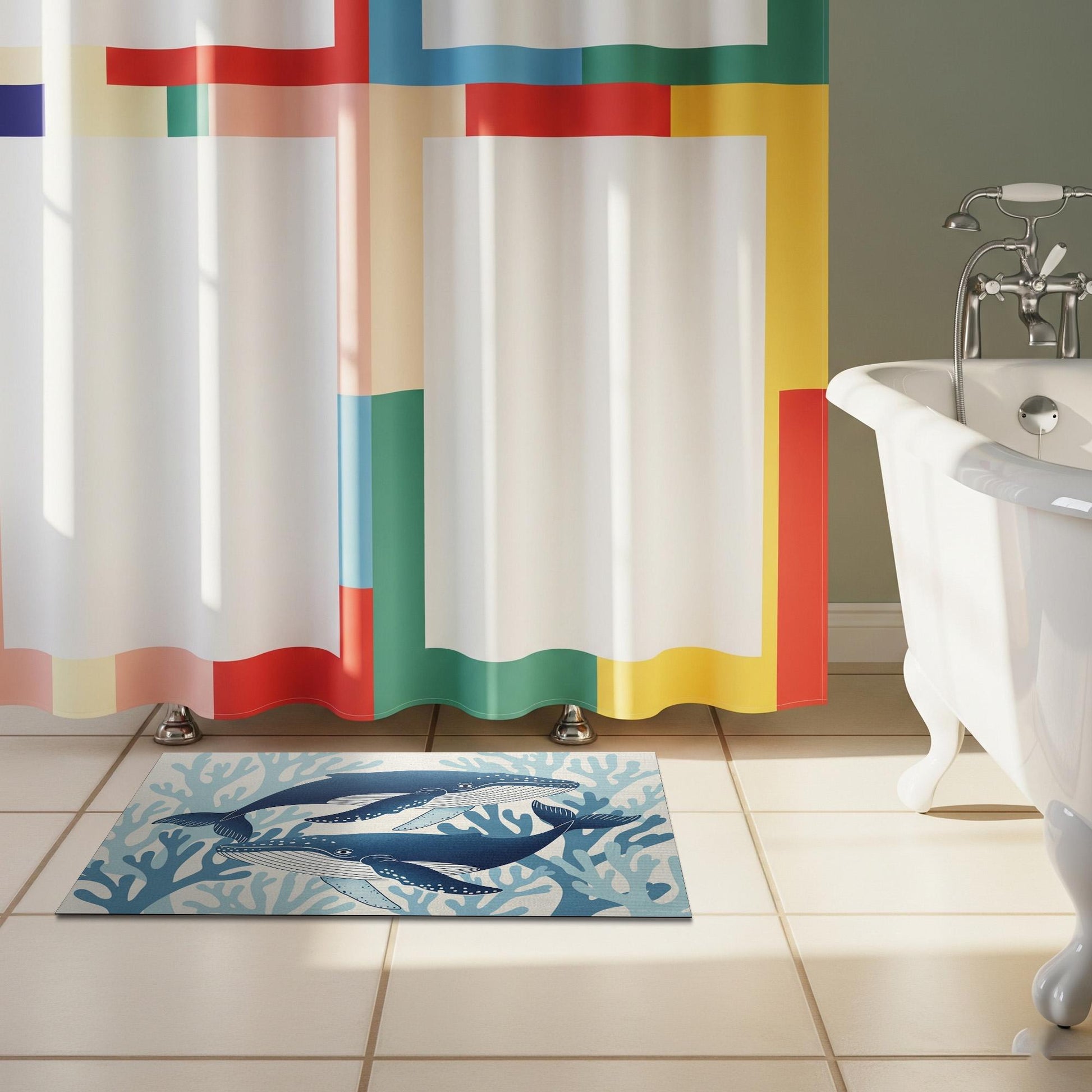 Whale Bath Mat, Ocean Theme Bathroom Rug, Coastal Sea Life Decor, Marine Animal Floor Mat, Nautical Bathroom Accessory Gift