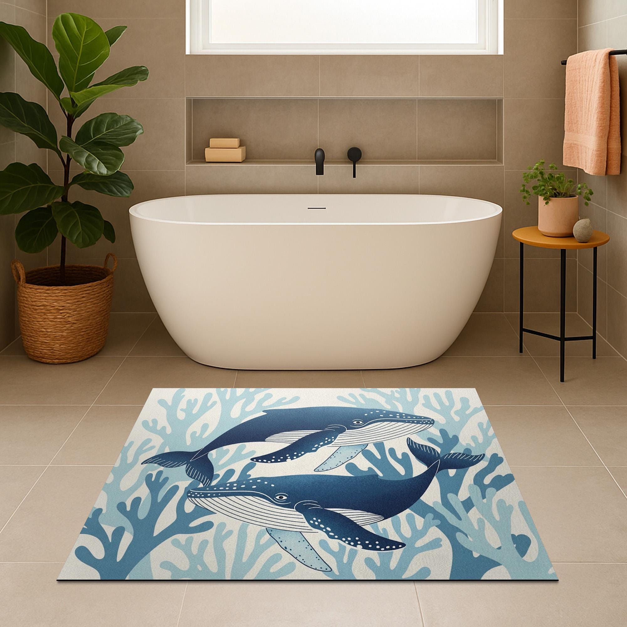 Whale Bath Mat, Ocean Theme Bathroom Rug, Coastal Sea Life Decor, Marine Animal Floor Mat, Nautical Bathroom Accessory Gift