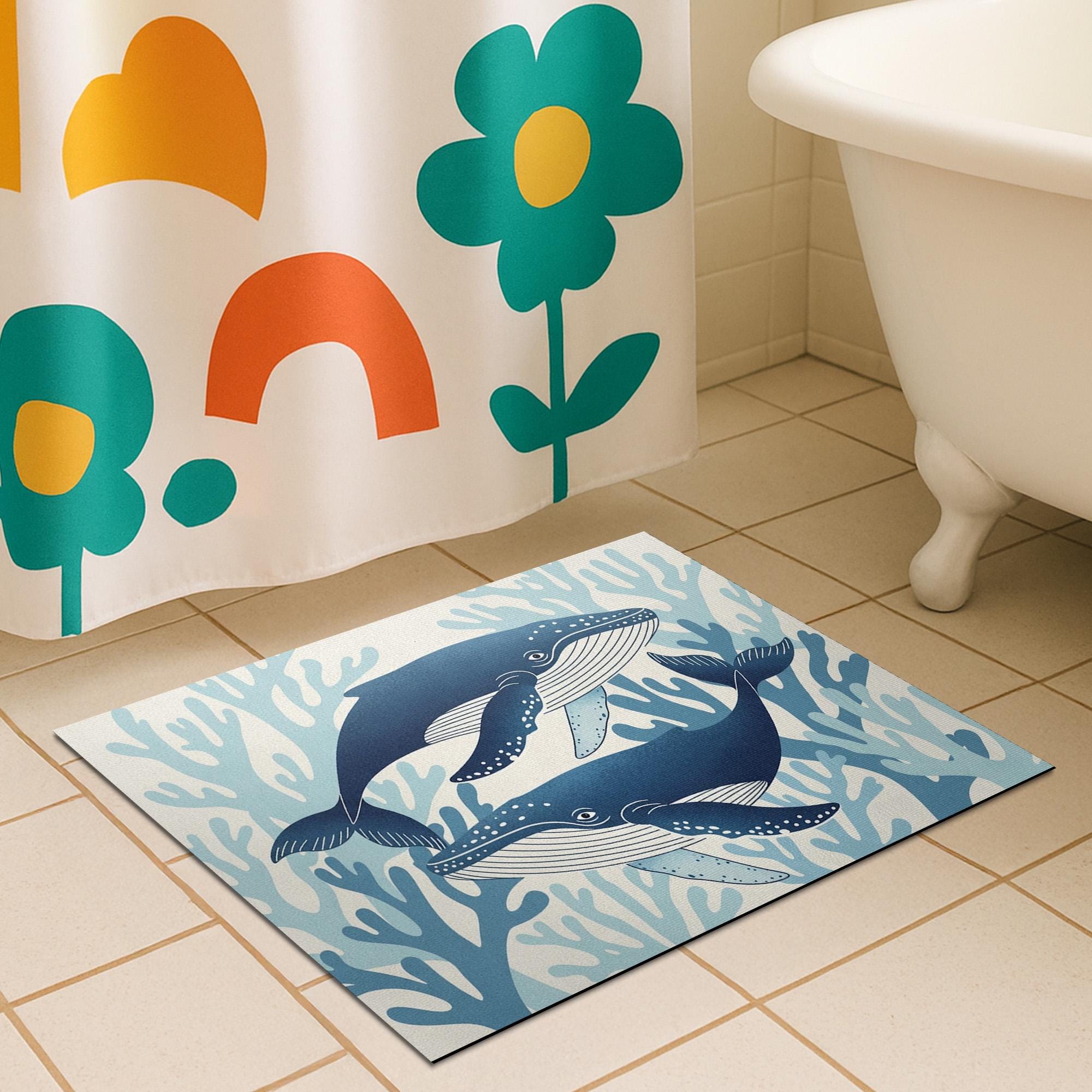 Whale Bath Mat, Ocean Theme Bathroom Rug, Coastal Sea Life Decor, Marine Animal Floor Mat, Nautical Bathroom Accessory Gift