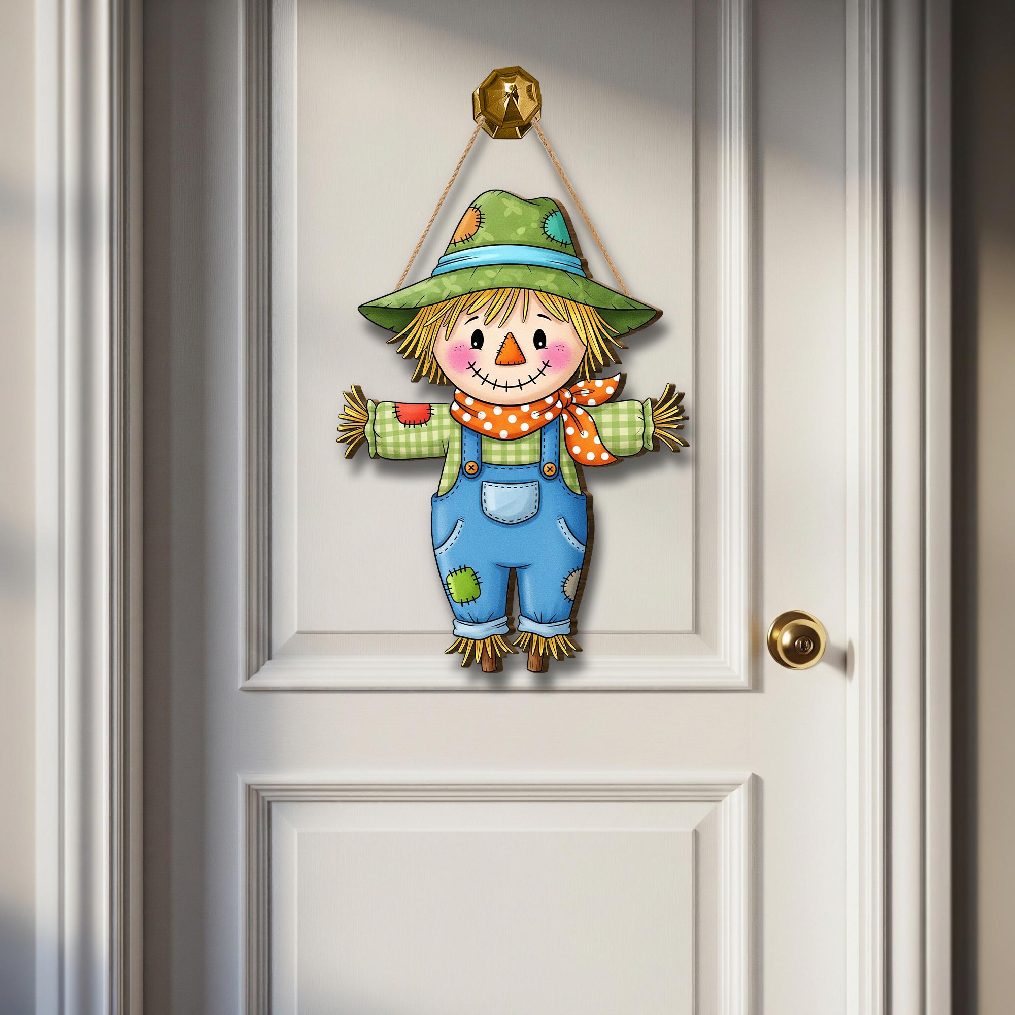 Cute Scarecrow Door Hanger, Fall Farmhouse Porch Decor for Autumn, Thanksgiving, Rustic Hanging Sign for Front Door or Wall, Fall Home Decor