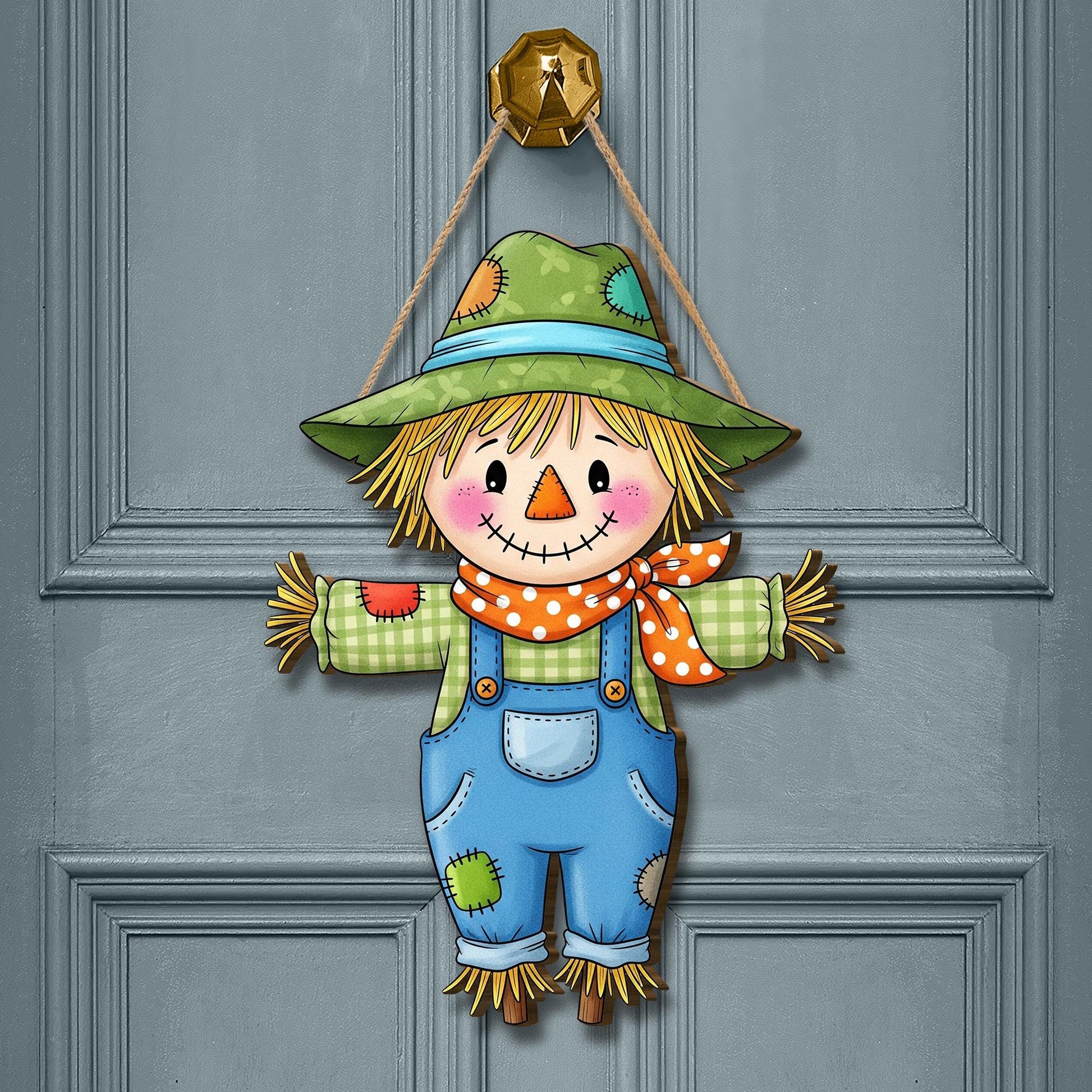 Cute Scarecrow Door Hanger, Fall Farmhouse Porch Decor for Autumn, Thanksgiving, Rustic Hanging Sign for Front Door or Wall, Fall Home Decor