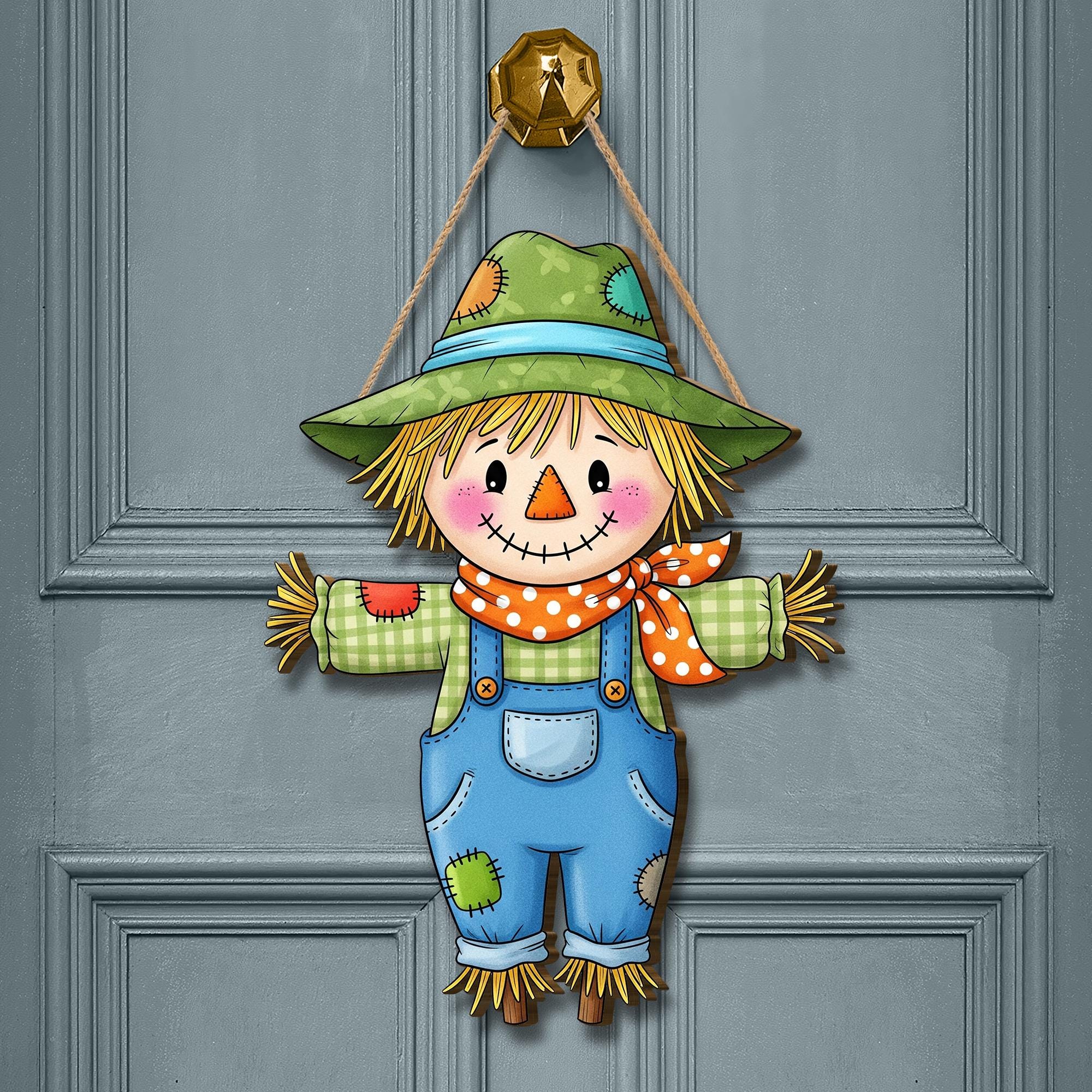 Cute Scarecrow Door Hanger, Fall Farmhouse Porch Decor for Autumn, Thanksgiving, Rustic Hanging Sign for Front Door or Wall, Fall Home Decor