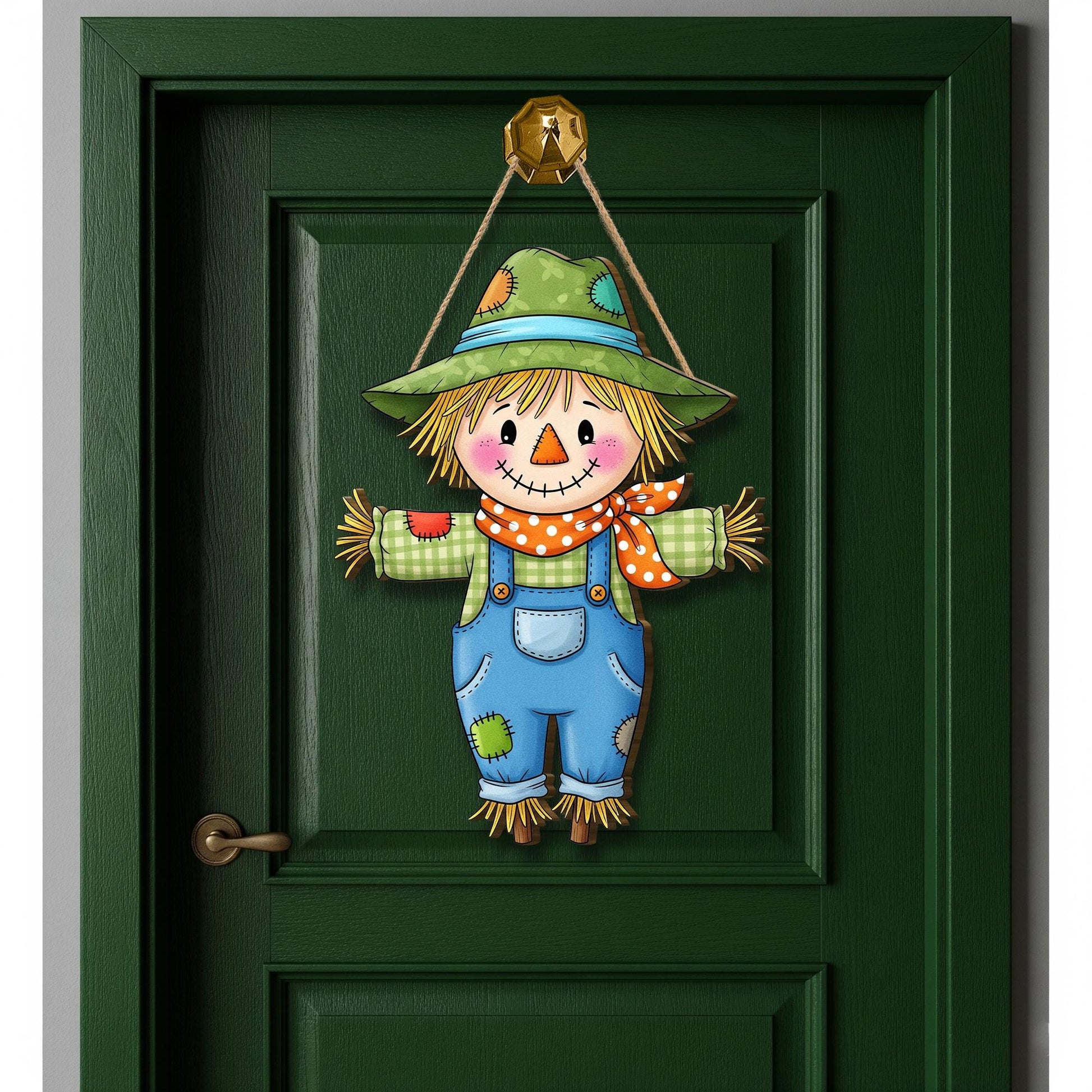 Cute Scarecrow Door Hanger, Fall Farmhouse Porch Decor for Autumn, Thanksgiving, Rustic Hanging Sign for Front Door or Wall, Fall Home Decor