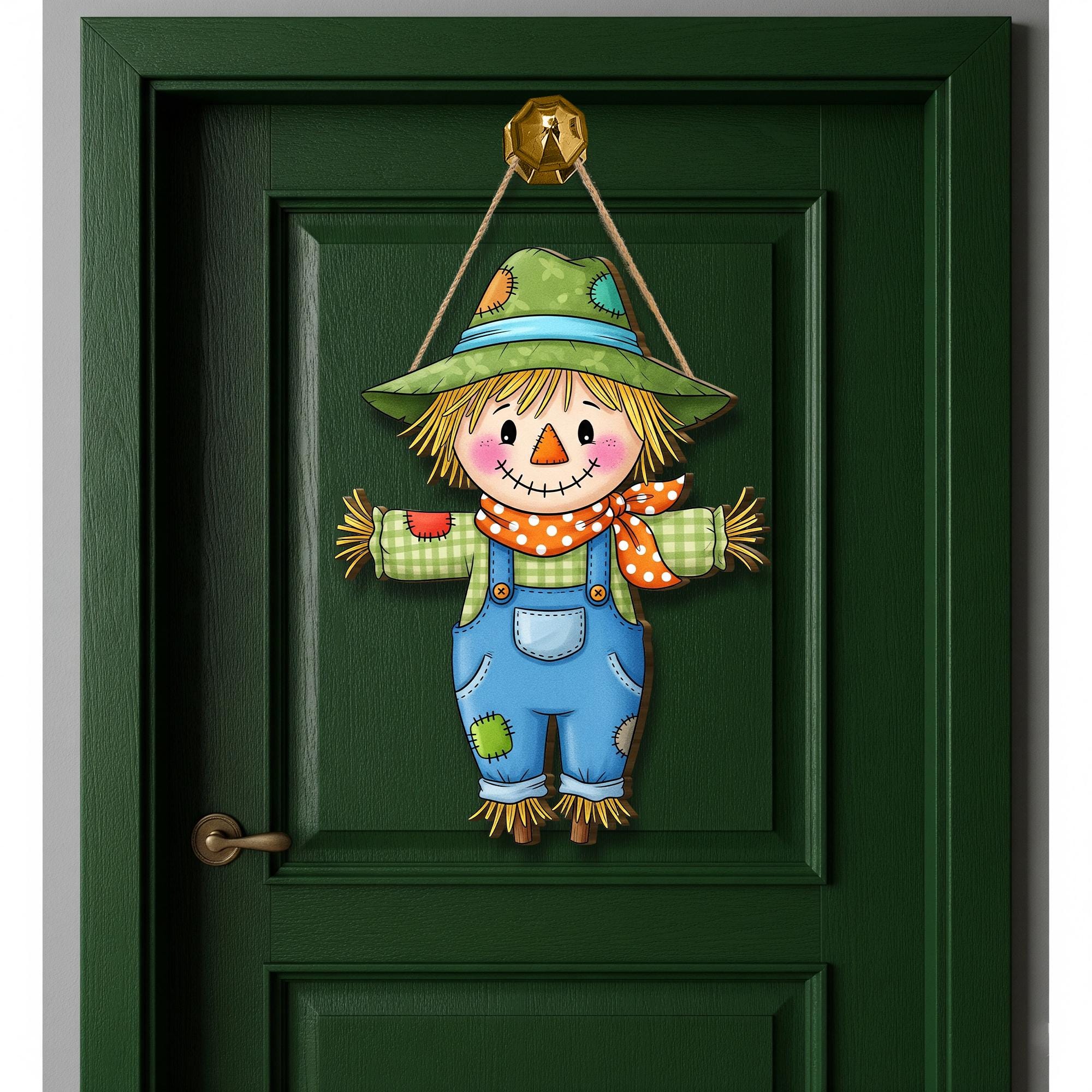 Cute Scarecrow Door Hanger, Fall Farmhouse Porch Decor for Autumn, Thanksgiving, Rustic Hanging Sign for Front Door or Wall, Fall Home Decor
