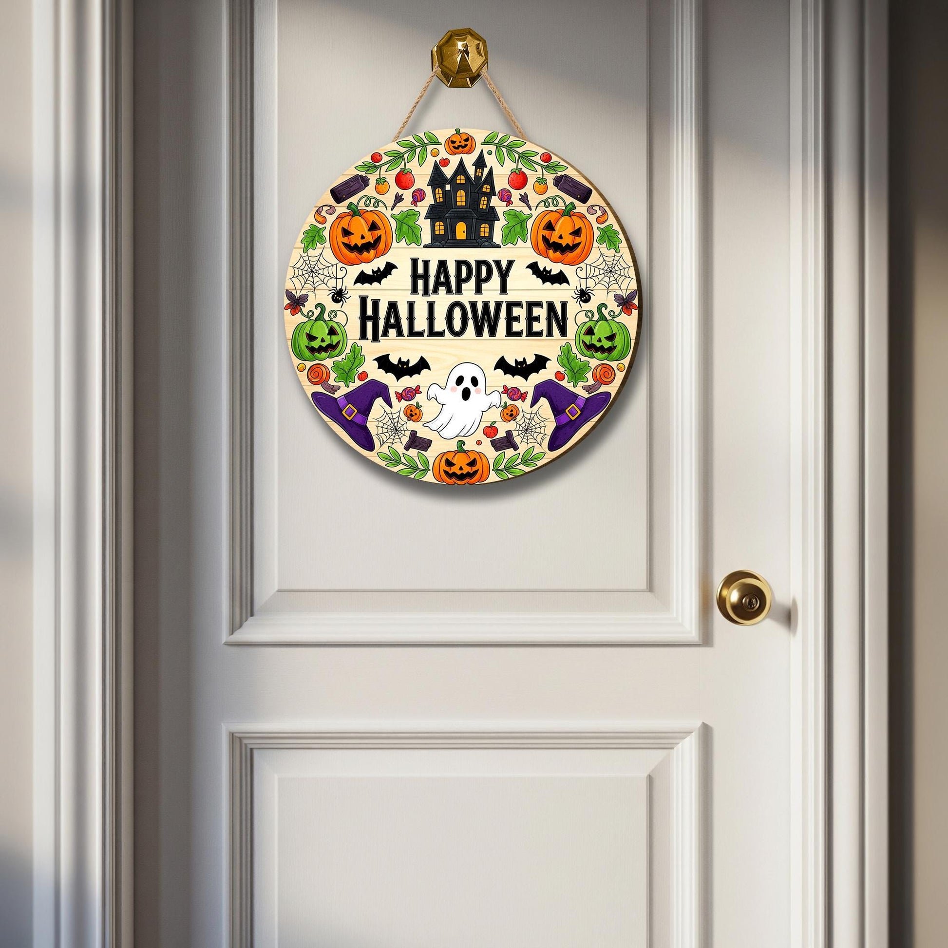 Halloween Door Sign Round Wooden Hanging Decor – Cute Ghost, Pumpkins & Haunted House Wreath for Fall Porch or Front Door