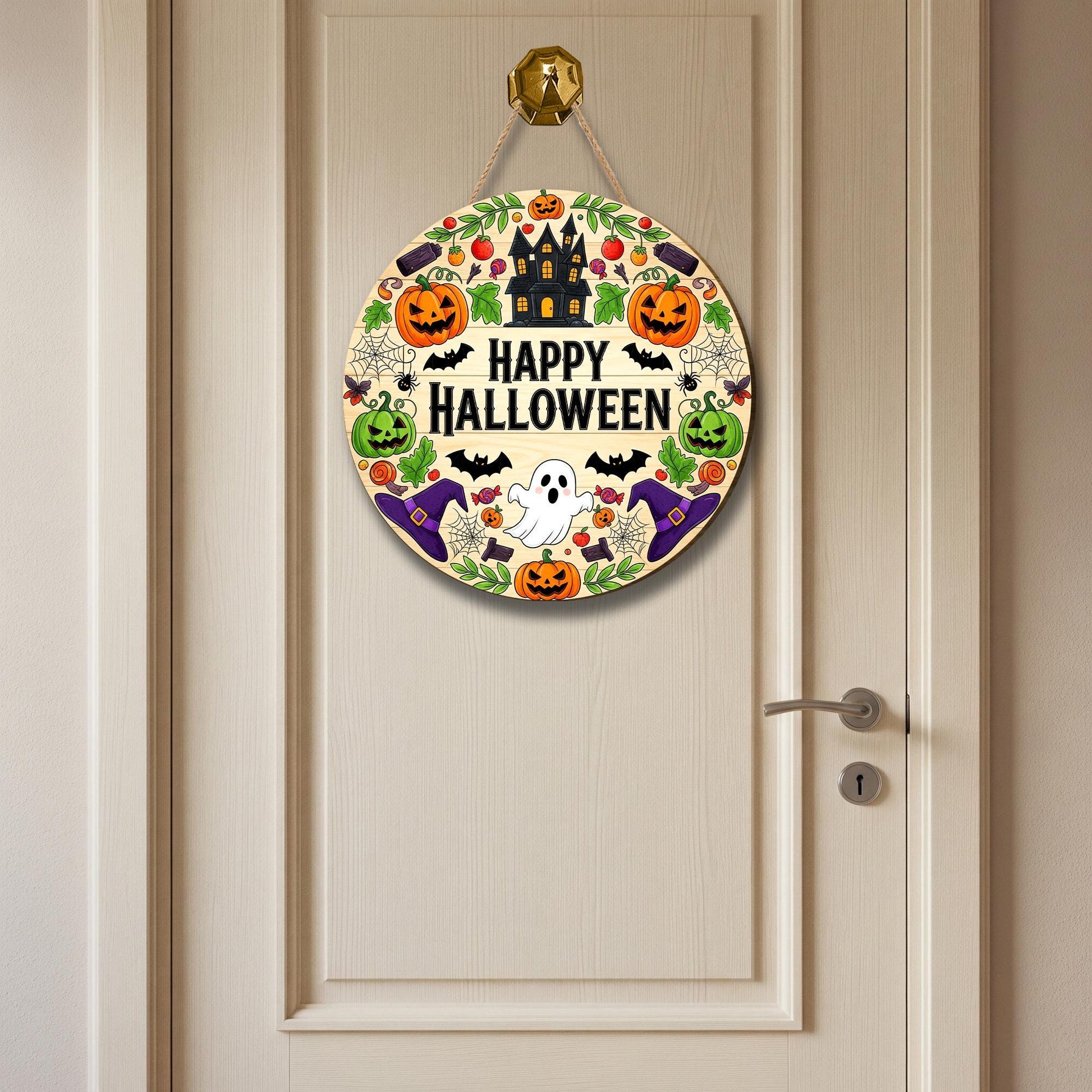 Halloween Door Sign Round Wooden Hanging Decor – Cute Ghost, Pumpkins & Haunted House Wreath for Fall Porch or Front Door