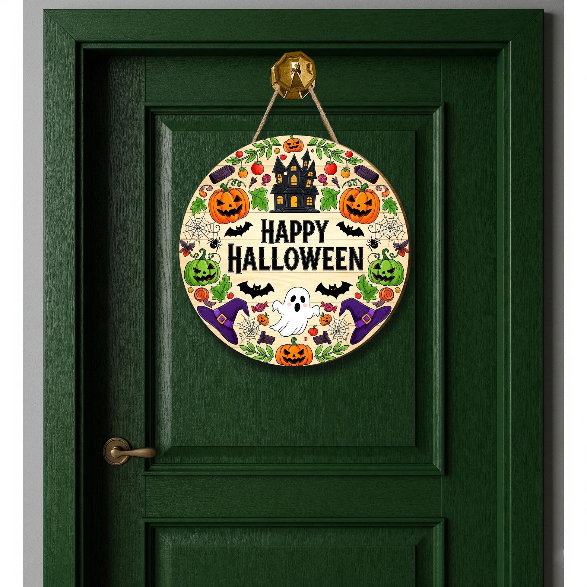 Halloween Door Sign Round Wooden Hanging Decor – Cute Ghost, Pumpkins & Haunted House Wreath for Fall Porch or Front Door