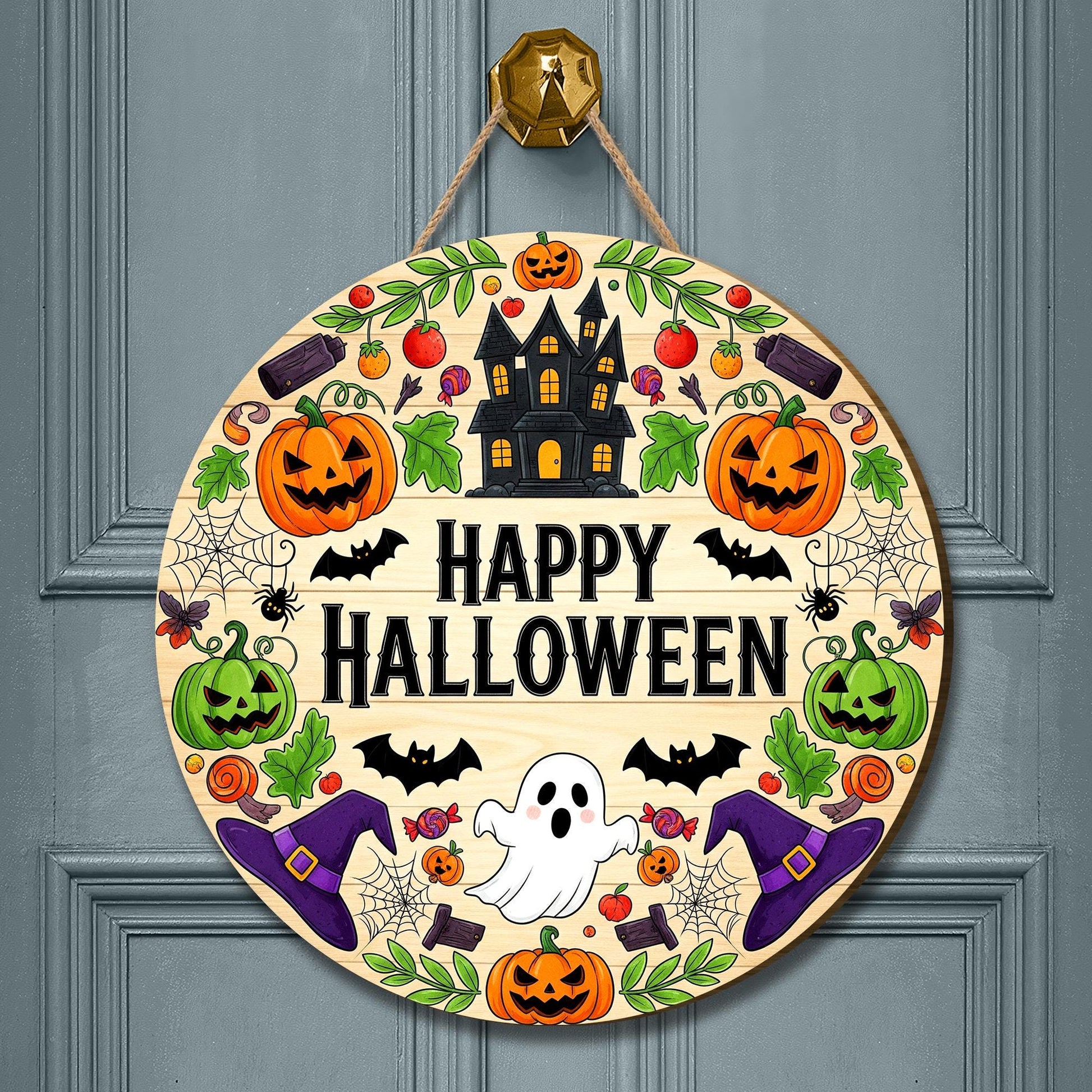 Halloween Door Sign Round Wooden Hanging Decor – Cute Ghost, Pumpkins & Haunted House Wreath for Fall Porch or Front Door