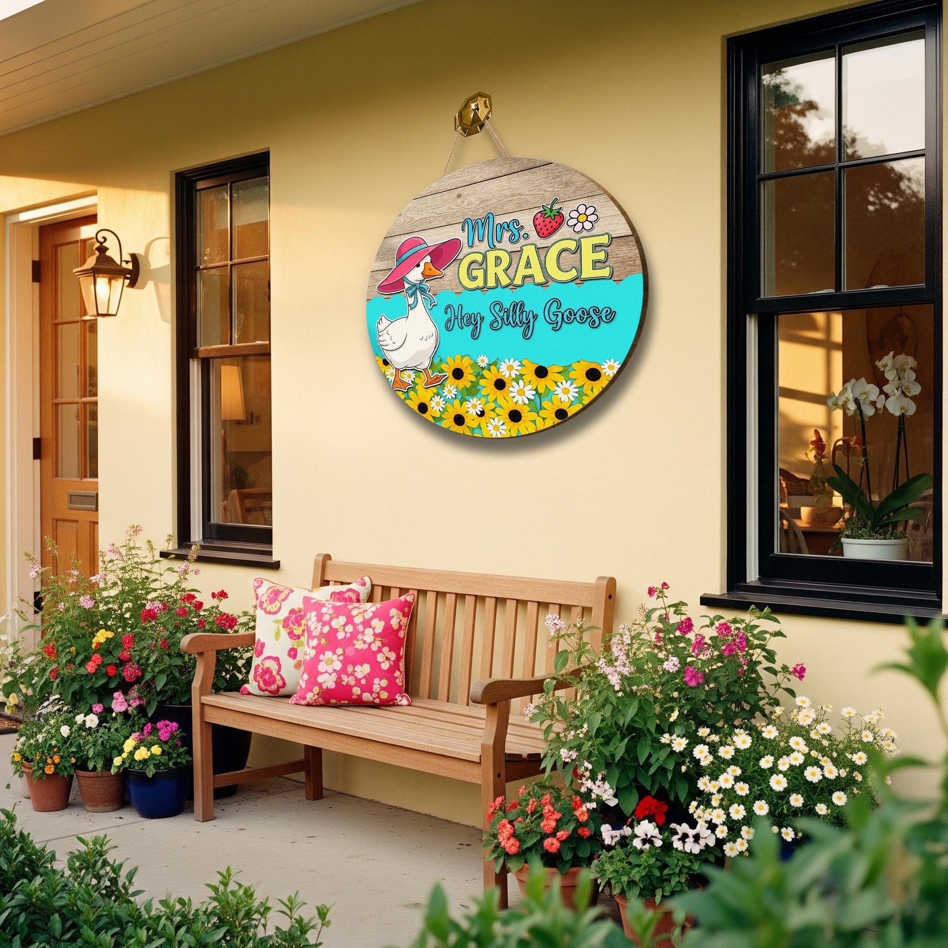 Personalized Silly Goose Door Sign – Custom Name Goose Decor with Flowers, Hat – Funny Classroom or Teacher Gift Round Wood Sign, Preschool