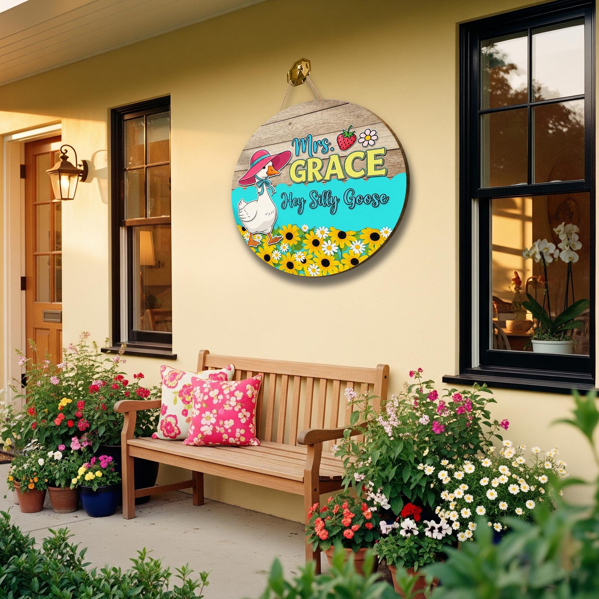 Personalized Silly Goose Door Sign – Custom Name Goose Decor with Flowers, Hat – Funny Classroom or Teacher Gift Round Wood Sign, Preschool