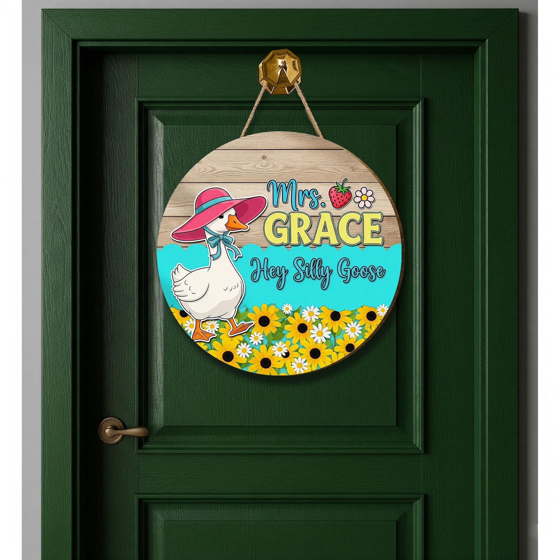Personalized Silly Goose Door Sign – Custom Name Goose Decor with Flowers, Hat – Funny Classroom or Teacher Gift Round Wood Sign, Preschool