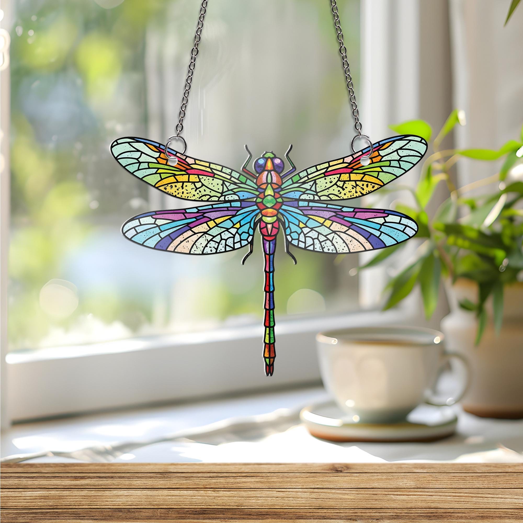 Dragonfly Window Hanging | Faux Stained Glass Suncatcher | Nature Inspired Insect Decor | Boho Garden Gift