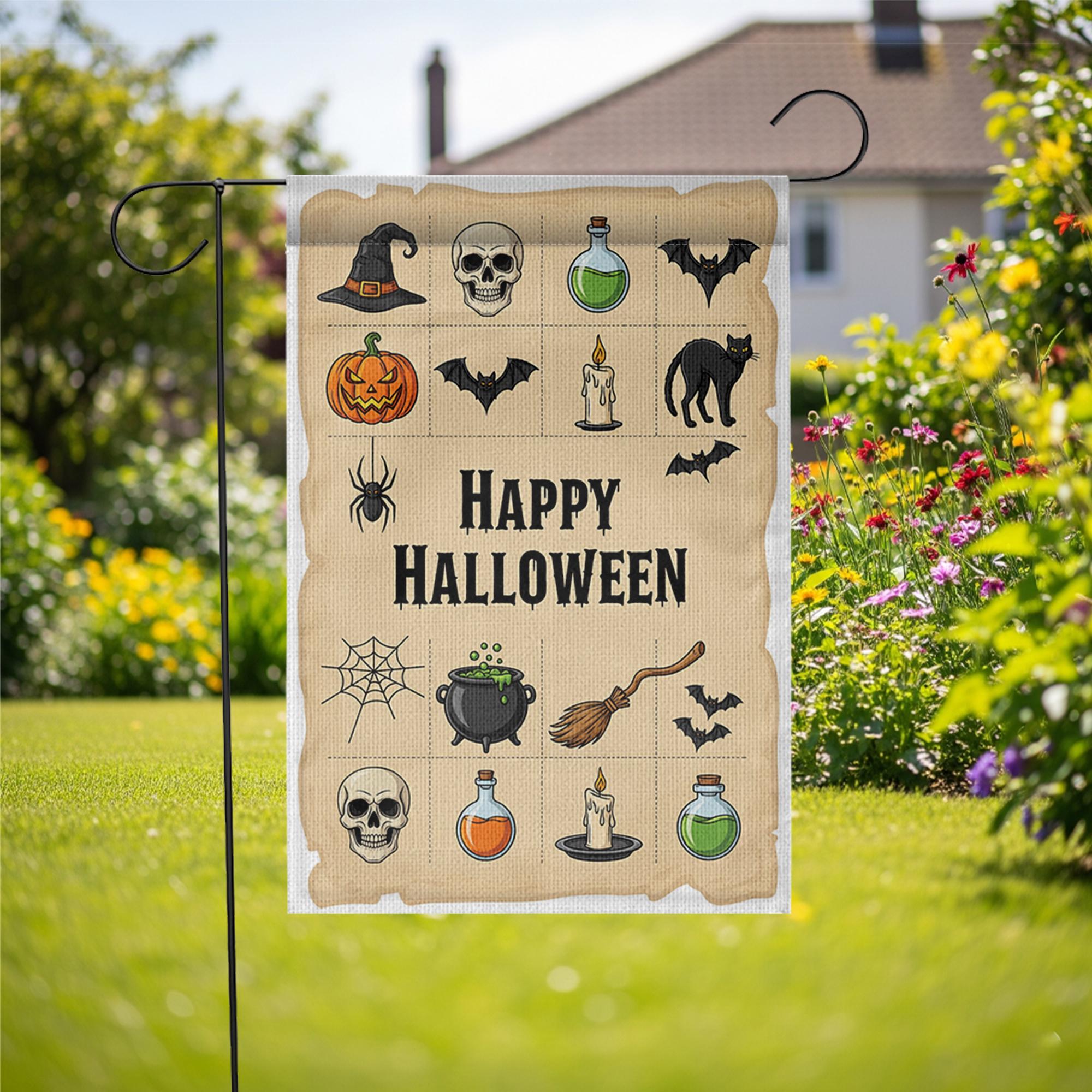 Halloween Garden Flag Vintage Style – Spooky Yard Decor with Skull, Bats, Potions, Pumpkin, Witch Icons – Fall Outdoor Sign