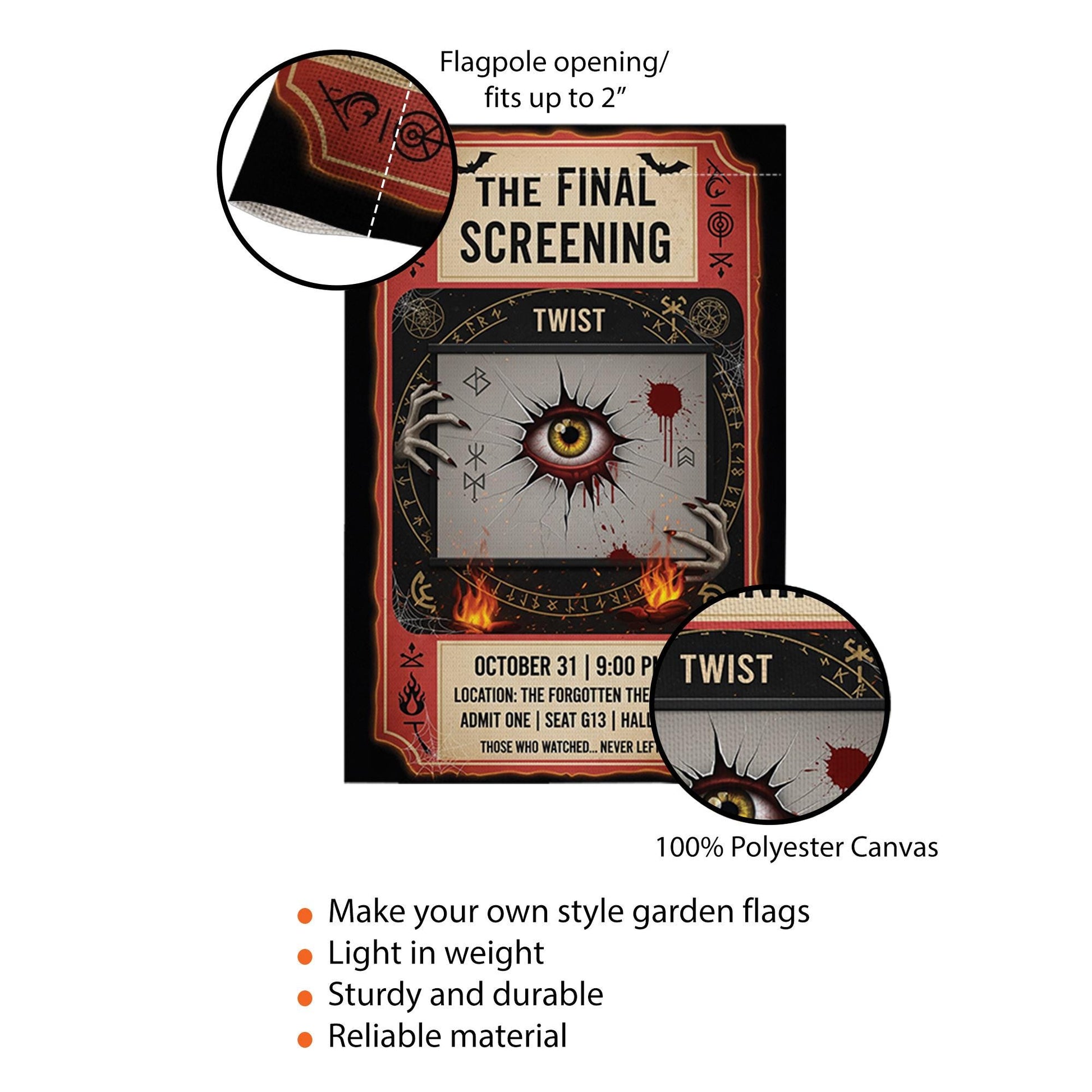 Horror Movie Halloween Garden Flag – Creepy Eye Theater Ticket Design for Spooky Yard or Lawn Decor – October 31 Screening