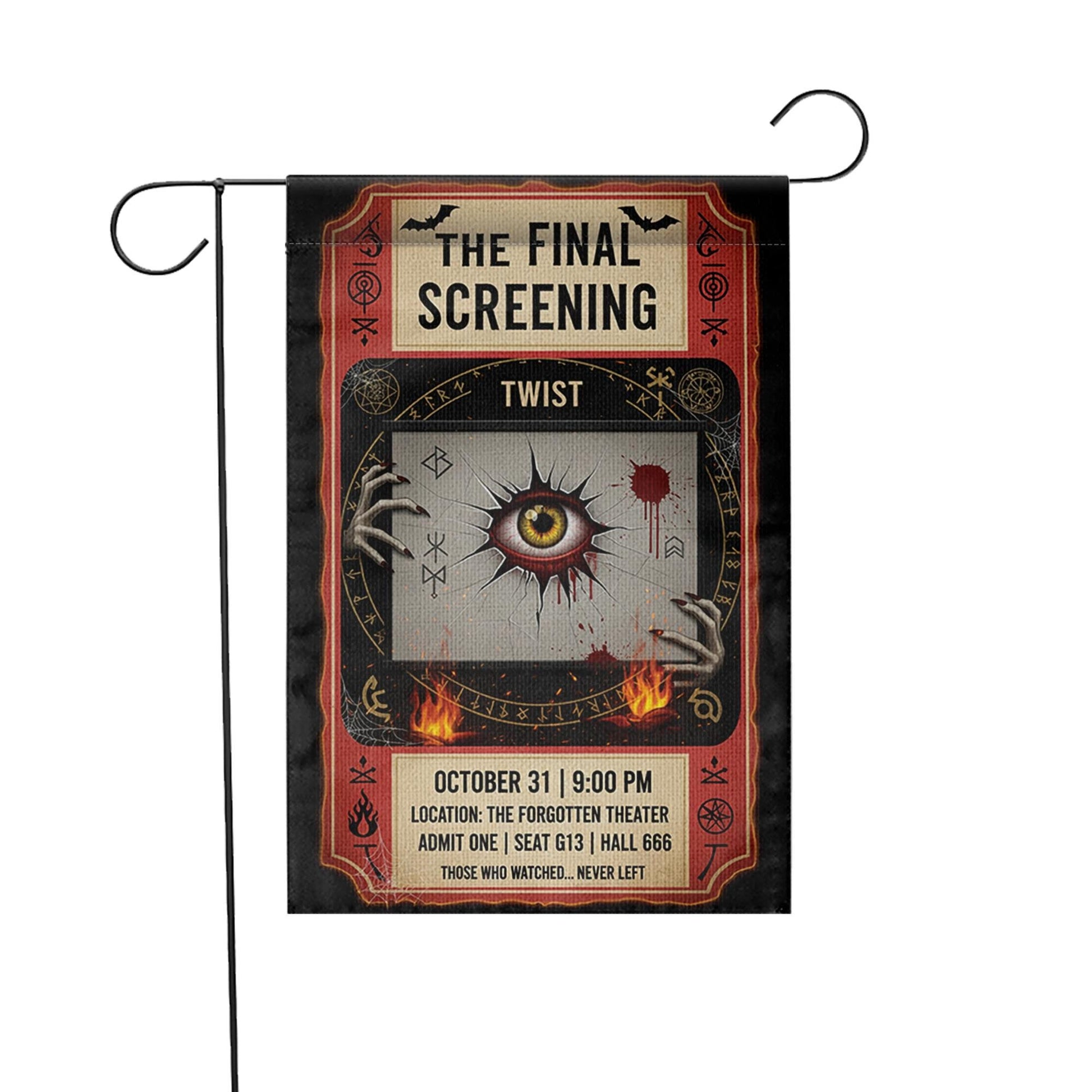 Horror Movie Halloween Garden Flag – Creepy Eye Theater Ticket Design for Spooky Yard or Lawn Decor – October 31 Screening