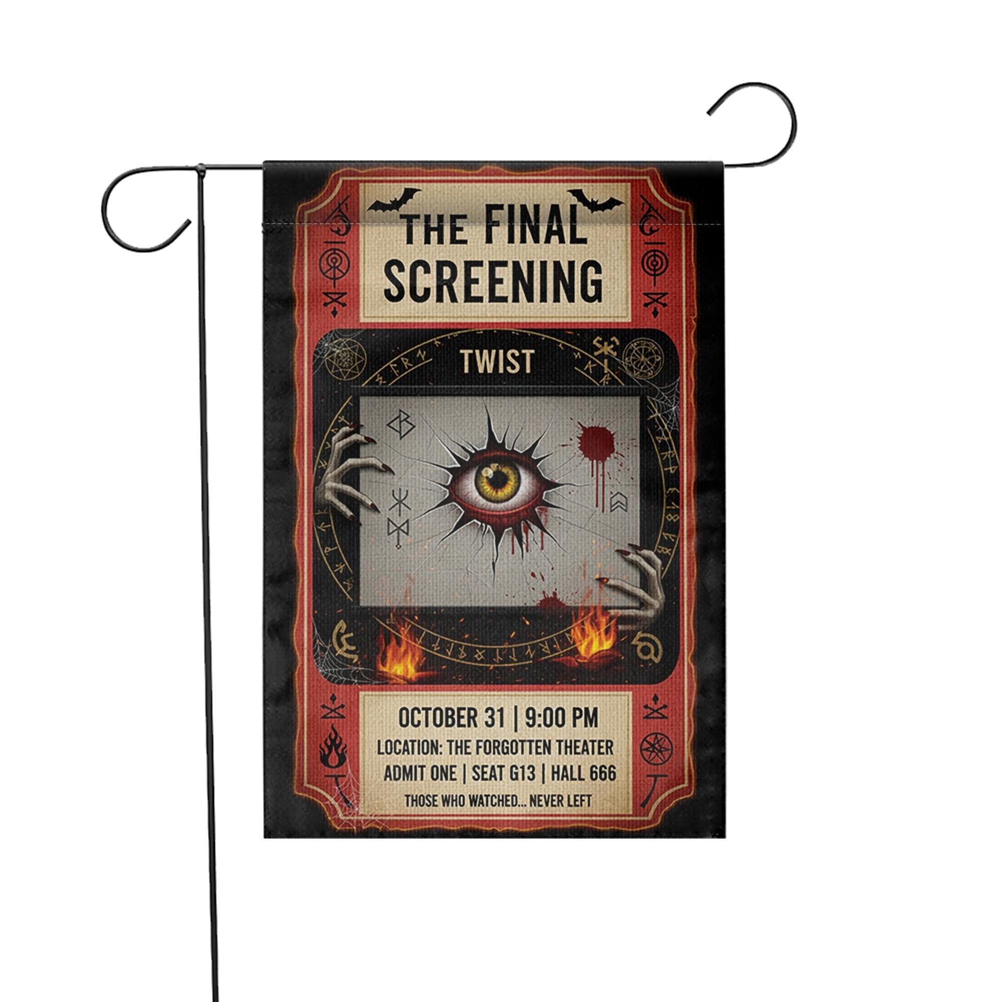 Horror Movie Halloween Garden Flag – Creepy Eye Theater Ticket Design for Spooky Yard or Lawn Decor – October 31 Screening