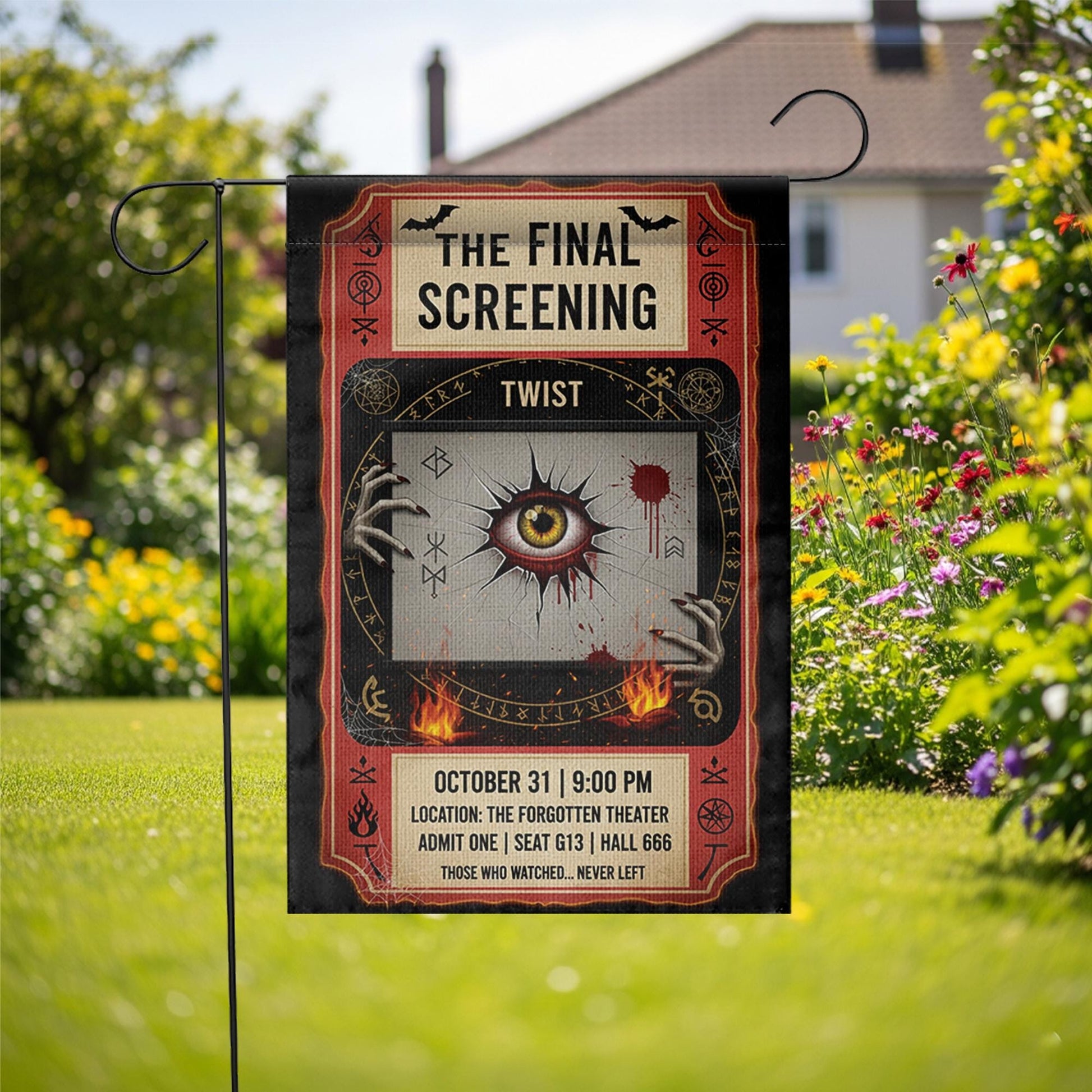 Horror Movie Halloween Garden Flag – Creepy Eye Theater Ticket Design for Spooky Yard or Lawn Decor – October 31 Screening