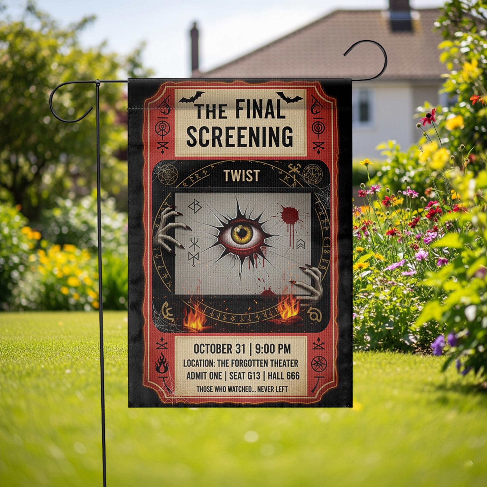 Horror Movie Halloween Garden Flag – Creepy Eye Theater Ticket Design for Spooky Yard or Lawn Decor – October 31 Screening