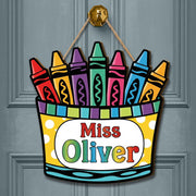 Personalized Crayon Door Sign for Teachers – Custom Name Classroom Decor – Colorful Back to School Hanging Sign for Pre-K, Kindergarten