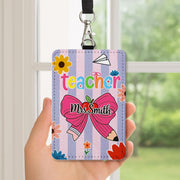Personalized Teacher Badge Holder, Cute Pencil Bow ID Holder, Custom Name Lanyard, Back to School Teacher Gift, Floral ID Tag