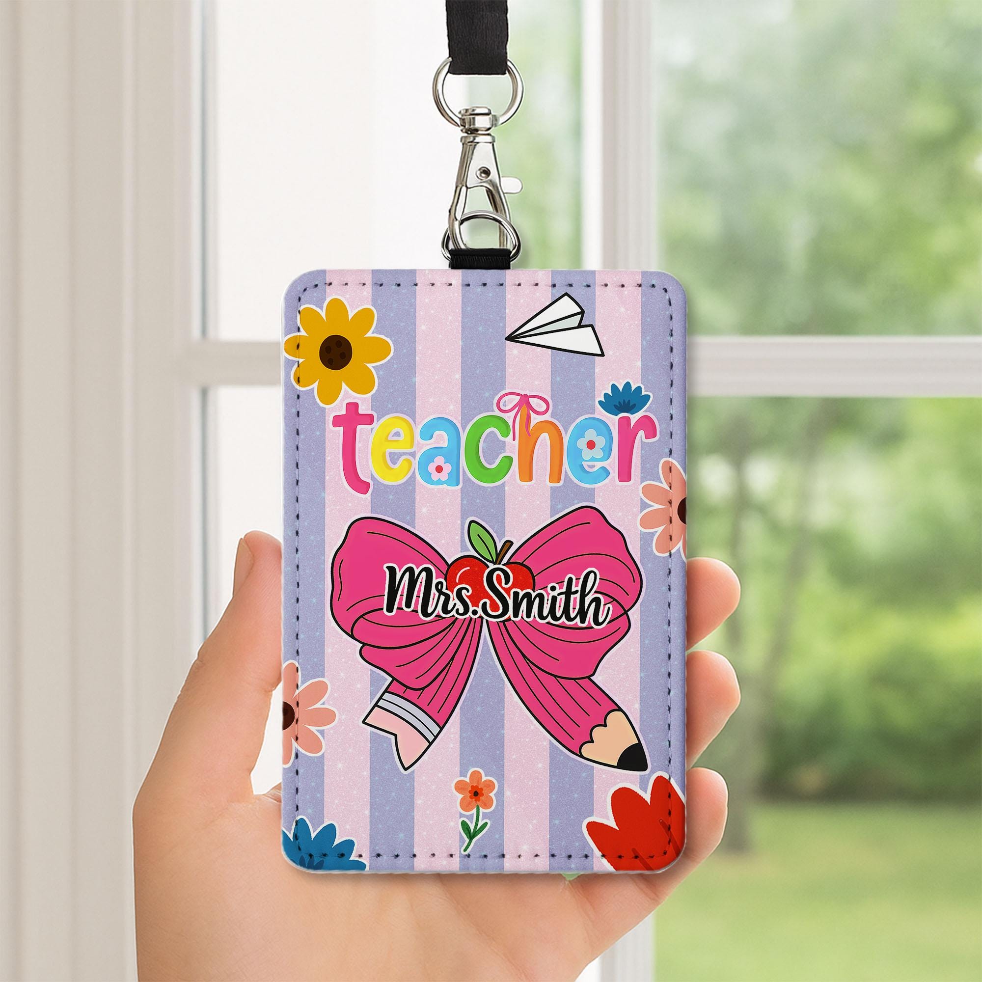 Personalized Teacher Badge Holder, Cute Pencil Bow ID Holder, Custom Name Lanyard, Back to School Teacher Gift, Floral ID Tag