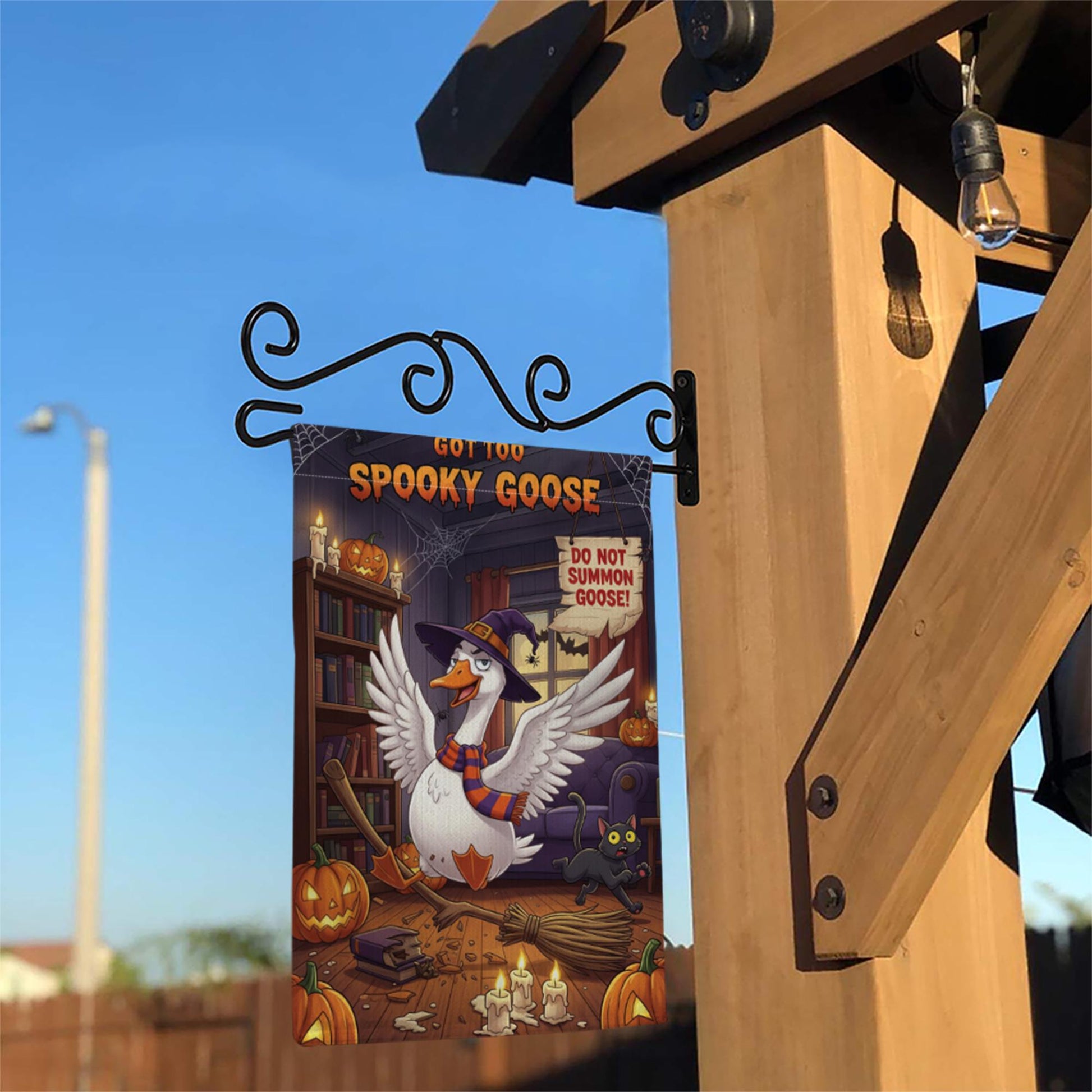 Spooky Goose Halloween Garden Flag – Funny Witch Goose Yard Decor with Pumpkins, Broom, Black Cat – Cute Halloween Outdoor Sign