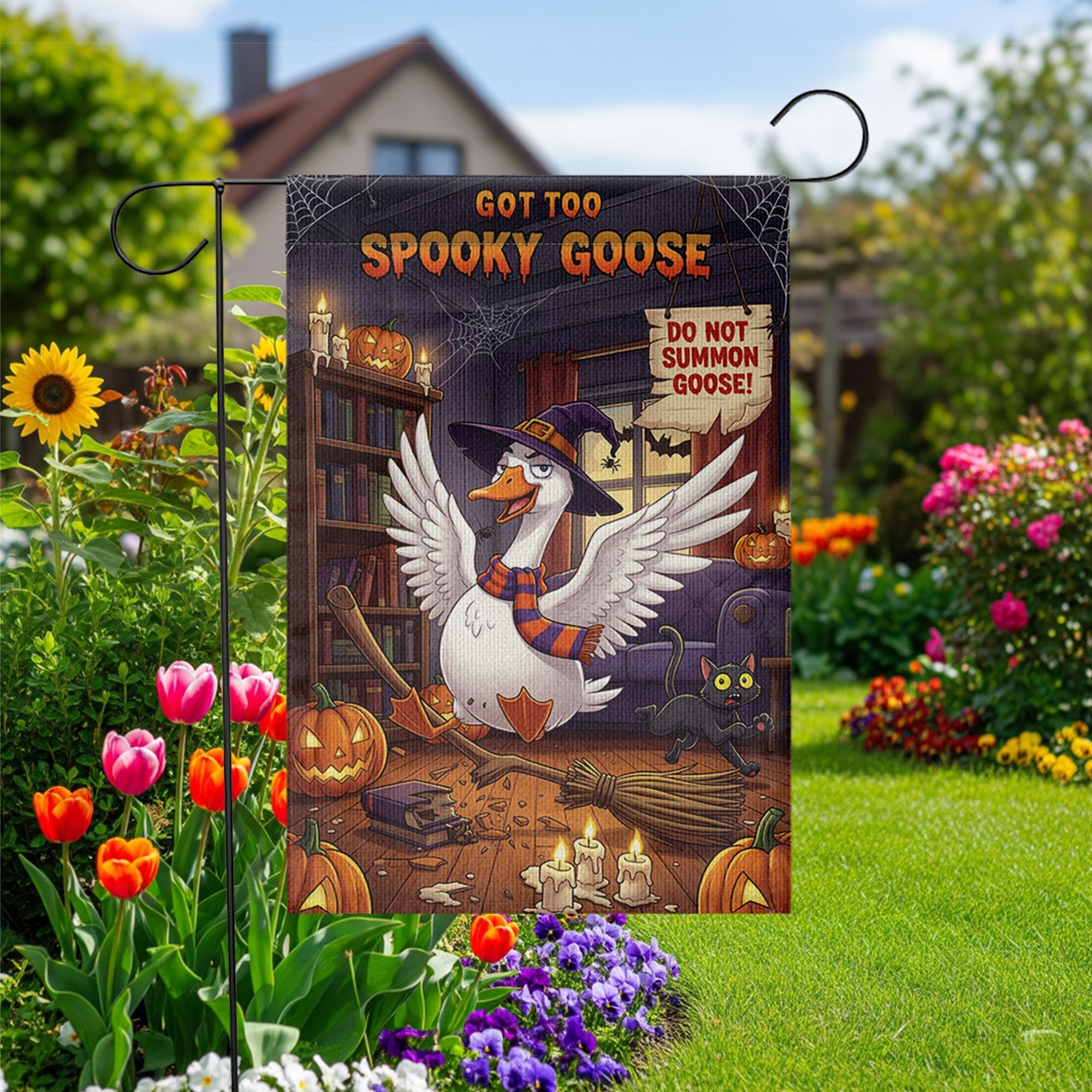 Spooky Goose Halloween Garden Flag – Funny Witch Goose Yard Decor with Pumpkins, Broom, Black Cat – Cute Halloween Outdoor Sign