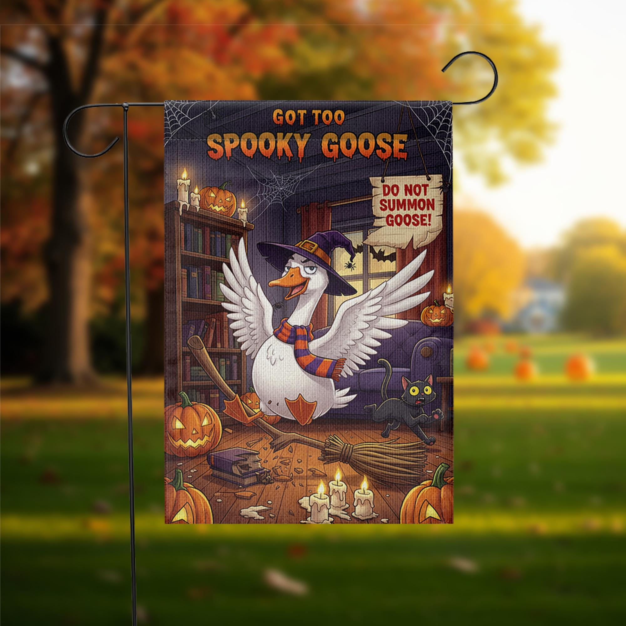 Spooky Goose Halloween Garden Flag – Funny Witch Goose Yard Decor with Pumpkins, Broom, Black Cat – Cute Halloween Outdoor Sign