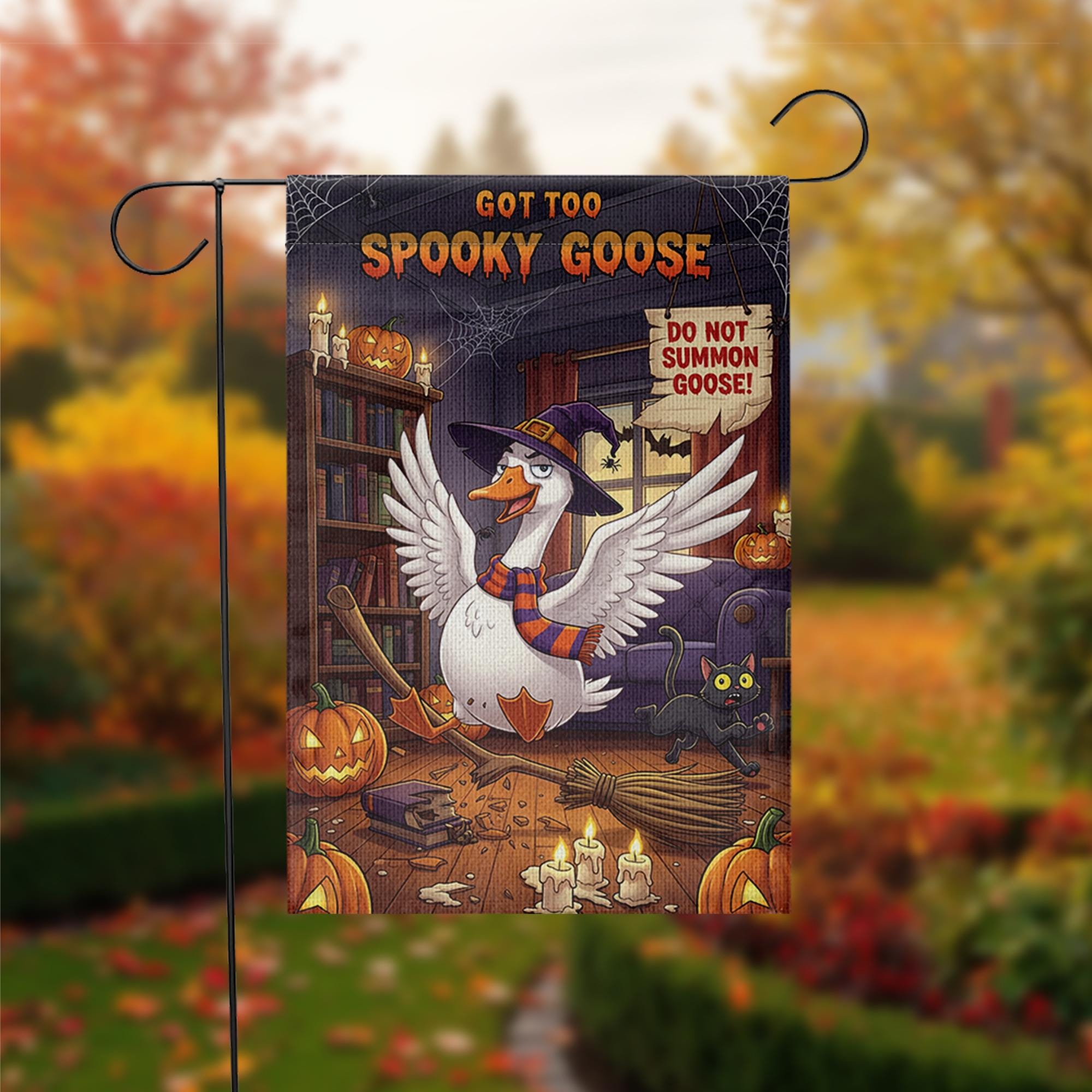 Spooky Goose Halloween Garden Flag – Funny Witch Goose Yard Decor with Pumpkins, Broom, Black Cat – Cute Halloween Outdoor Sign