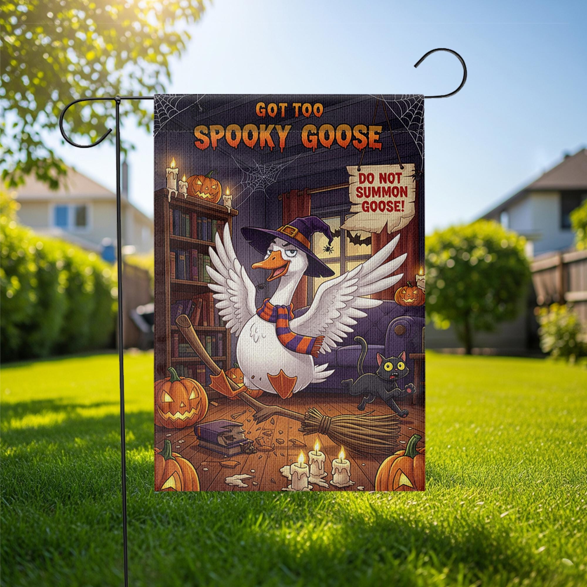 Spooky Goose Halloween Garden Flag – Funny Witch Goose Yard Decor with Pumpkins, Broom, Black Cat – Cute Halloween Outdoor Sign