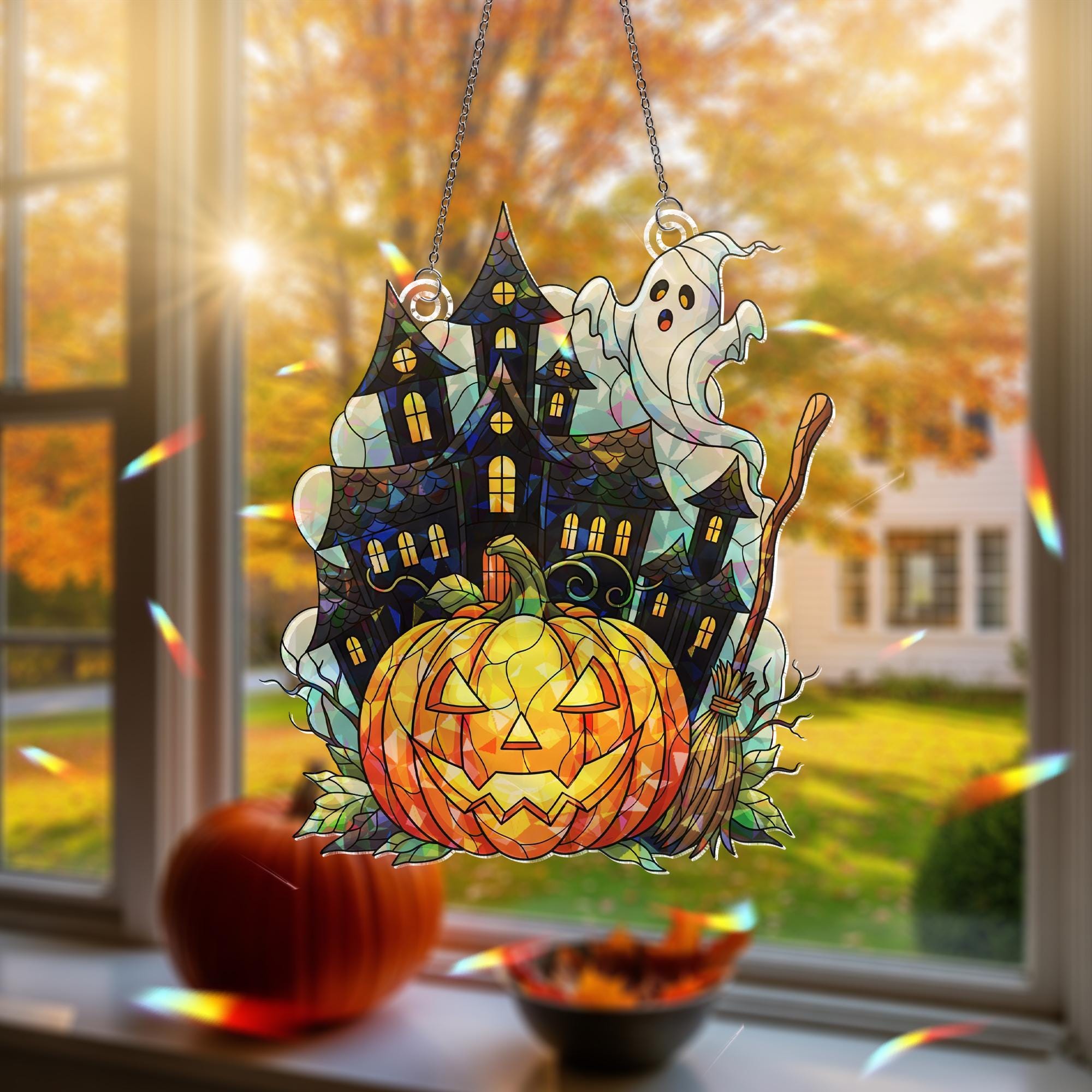 Halloween ACRYLIC Hologram Ornament – Haunted House with Ghost, Pumpkin, Broom – Spooky Window Hanging Fall Home Decor