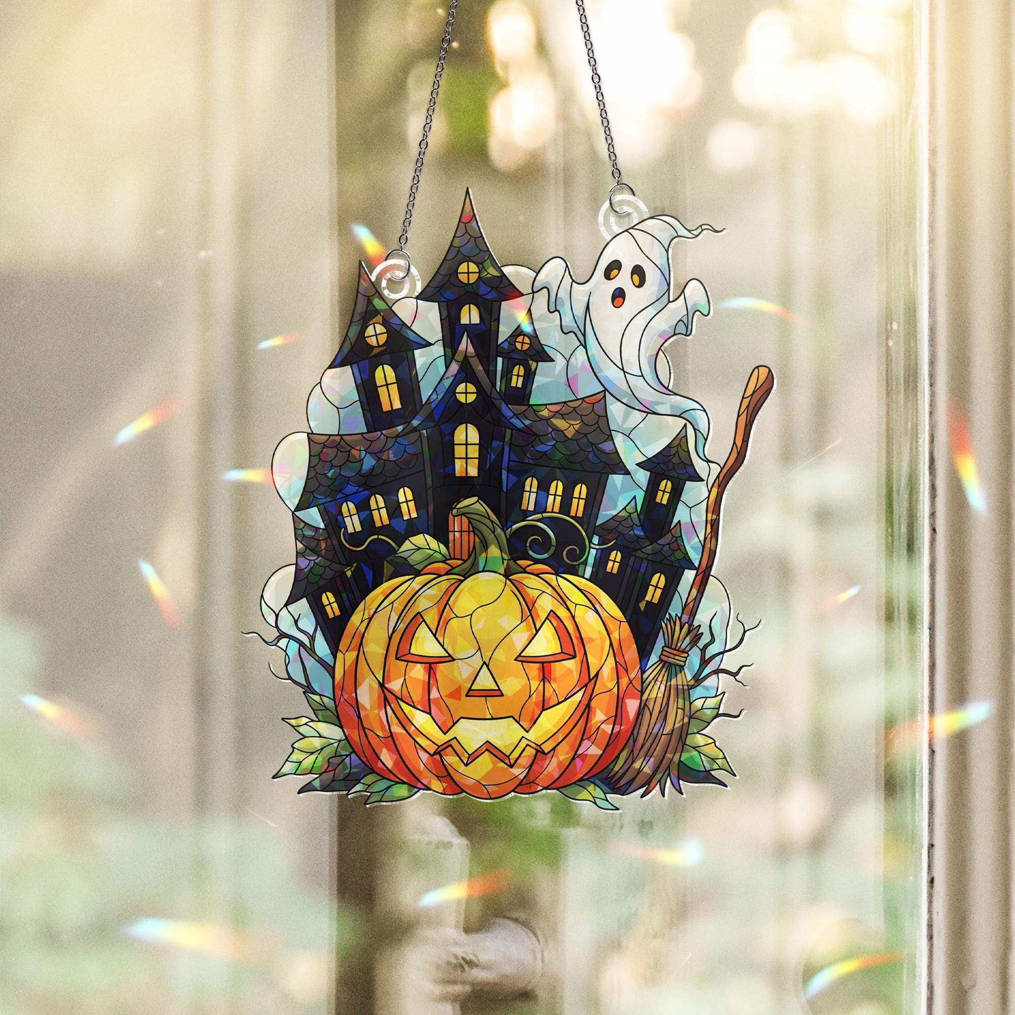 Halloween ACRYLIC Hologram Ornament – Haunted House with Ghost, Pumpkin, Broom – Spooky Window Hanging Fall Home Decor