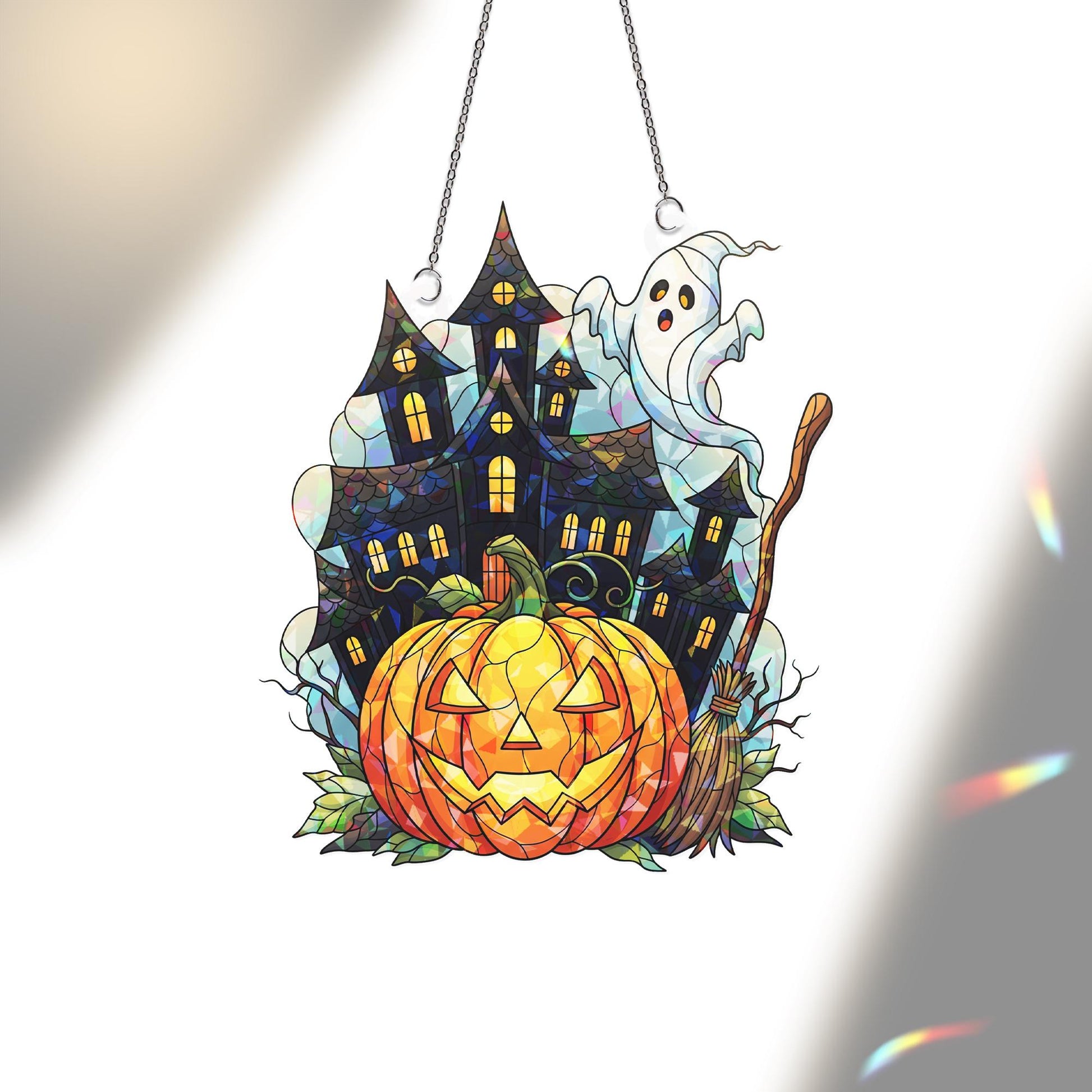 Halloween ACRYLIC Hologram Ornament – Haunted House with Ghost, Pumpkin, Broom – Spooky Window Hanging Fall Home Decor