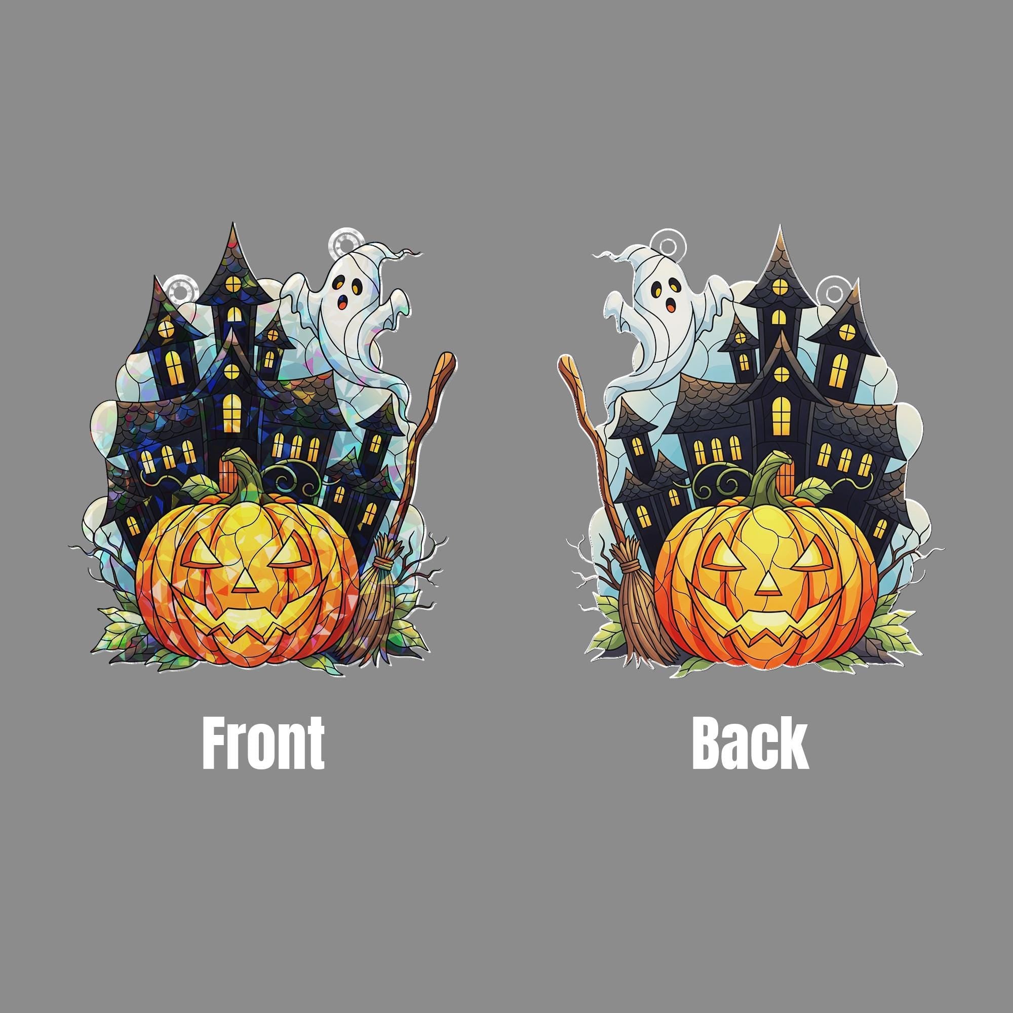 Halloween ACRYLIC Hologram Ornament – Haunted House with Ghost, Pumpkin, Broom – Spooky Window Hanging Fall Home Decor