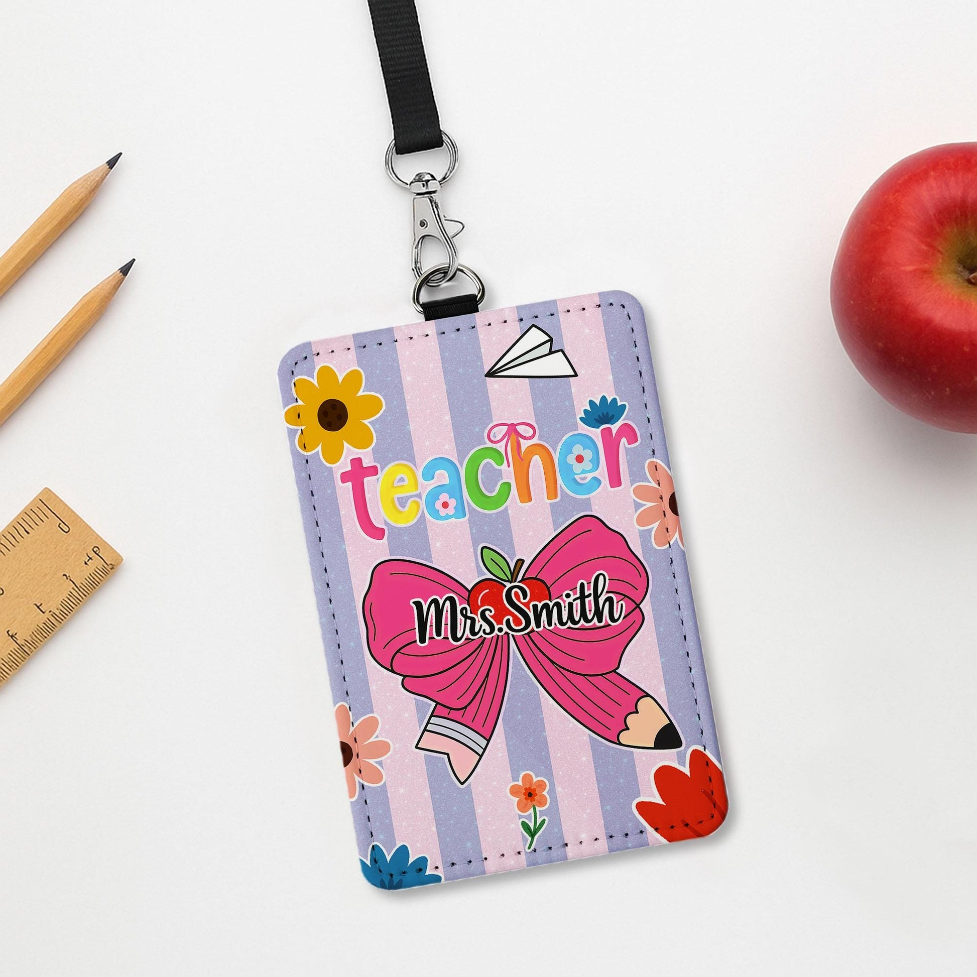 Personalized Teacher Badge Holder, Cute Pencil Bow ID Holder, Custom Name Lanyard, Back to School Teacher Gift, Floral ID Tag